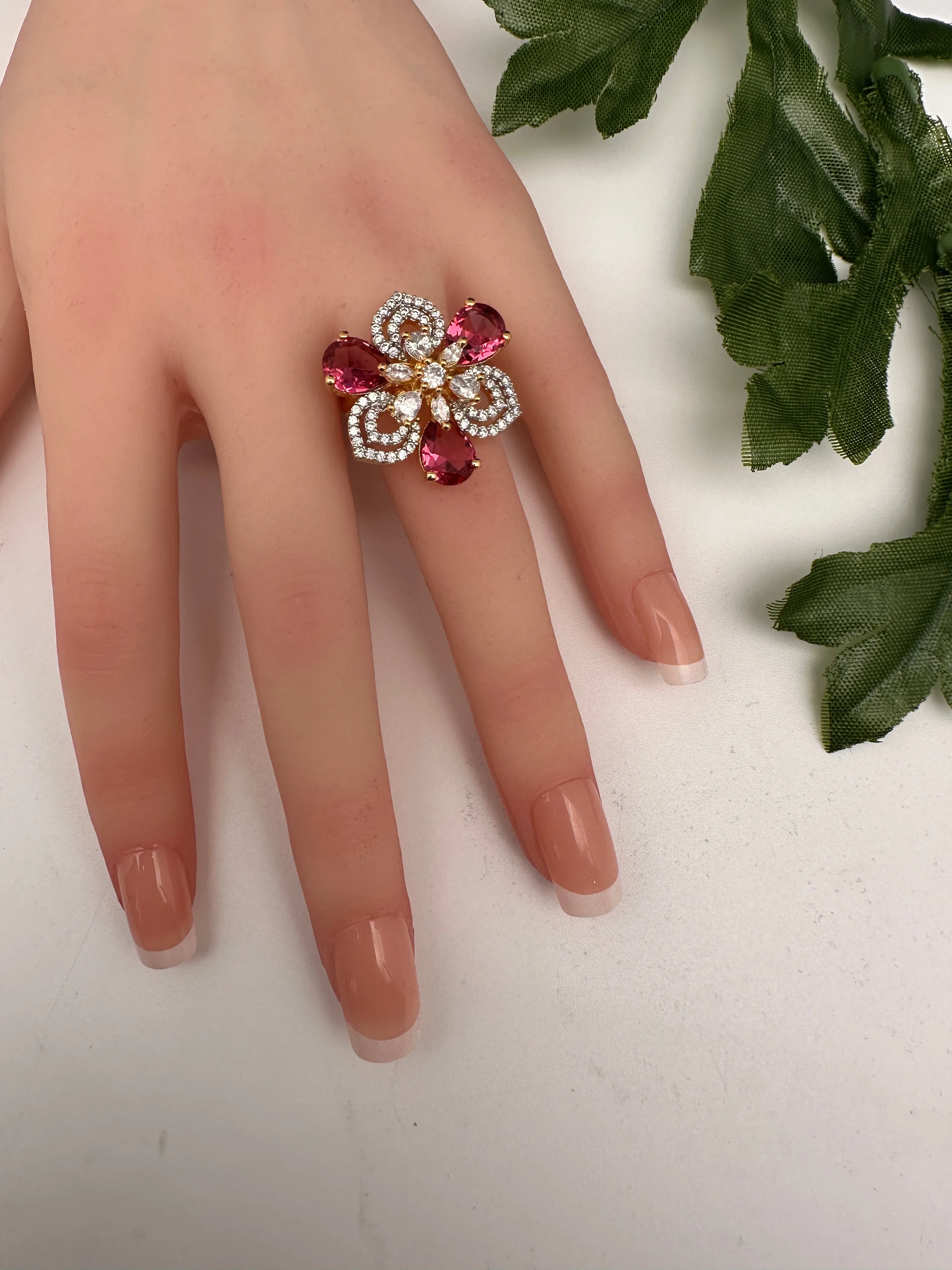 AD Gold Adjustable Color Stone Cocktail Ring