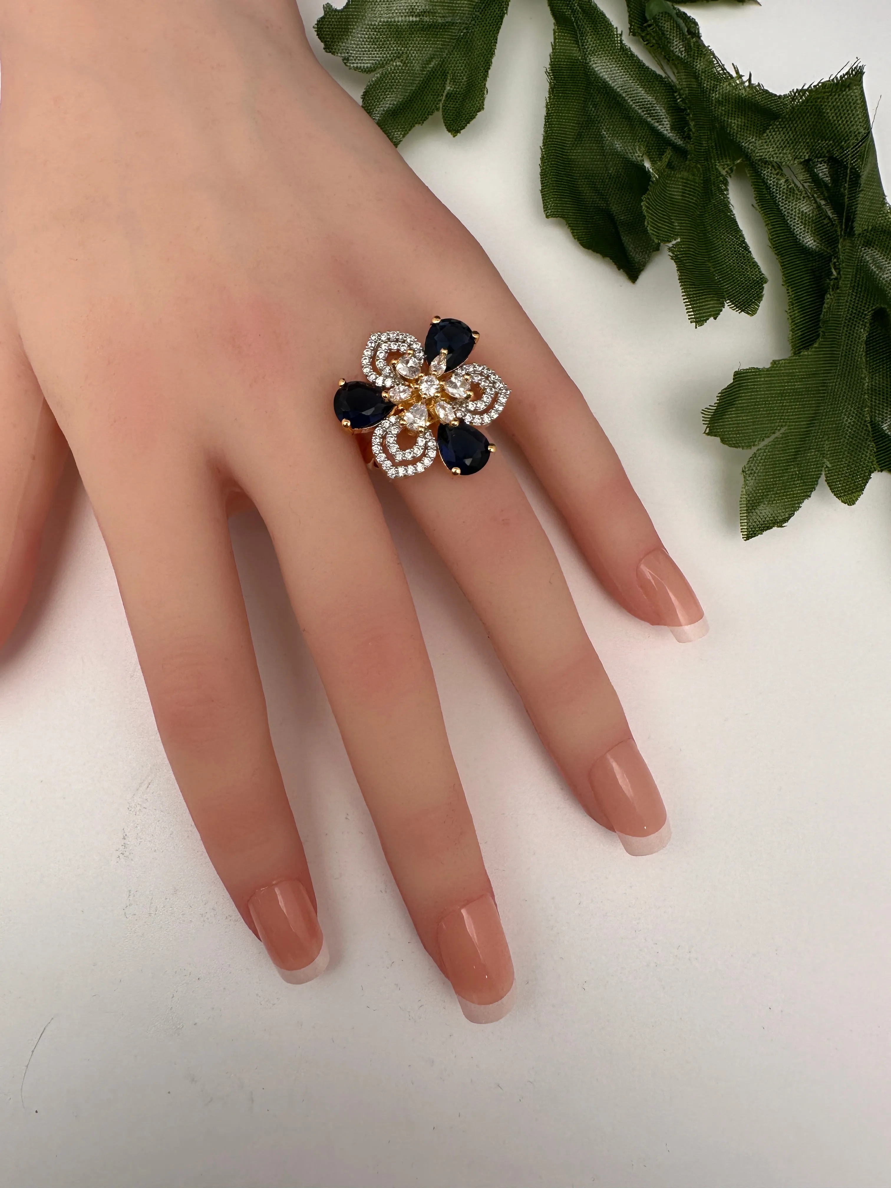 AD Gold Adjustable Color Stone Cocktail Ring