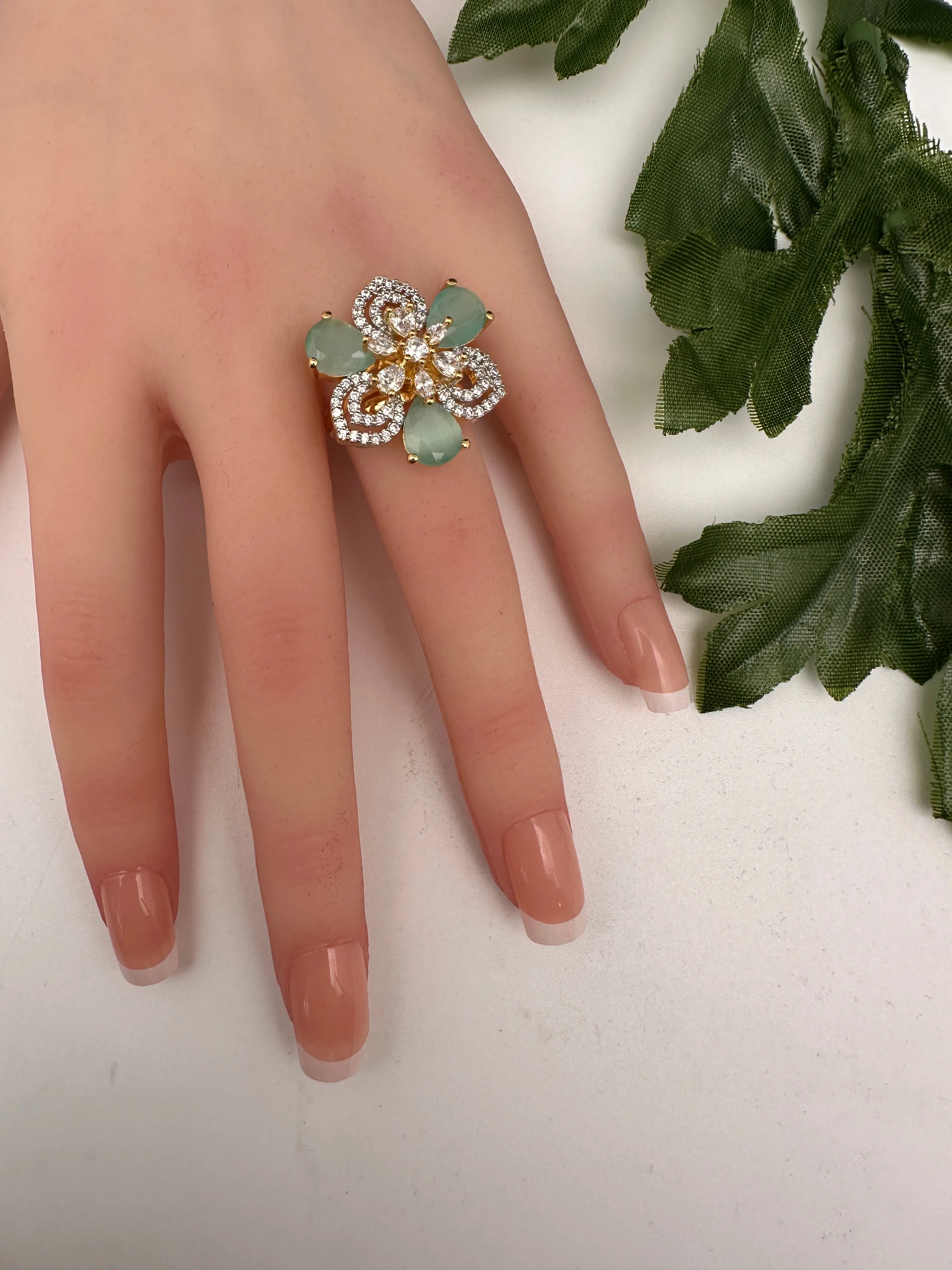 AD Gold Adjustable Color Stone Cocktail Ring