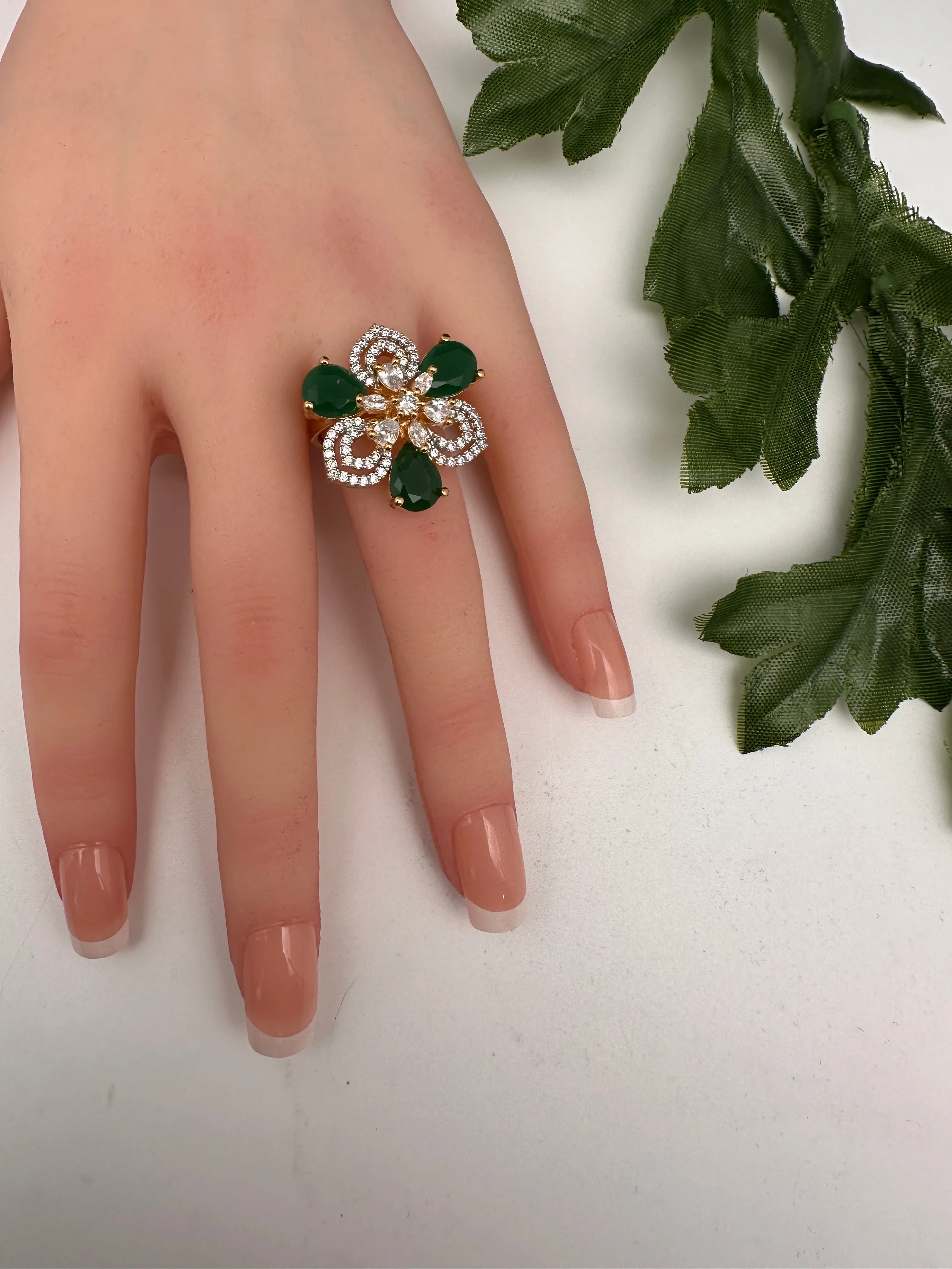 AD Gold Adjustable Color Stone Cocktail Ring