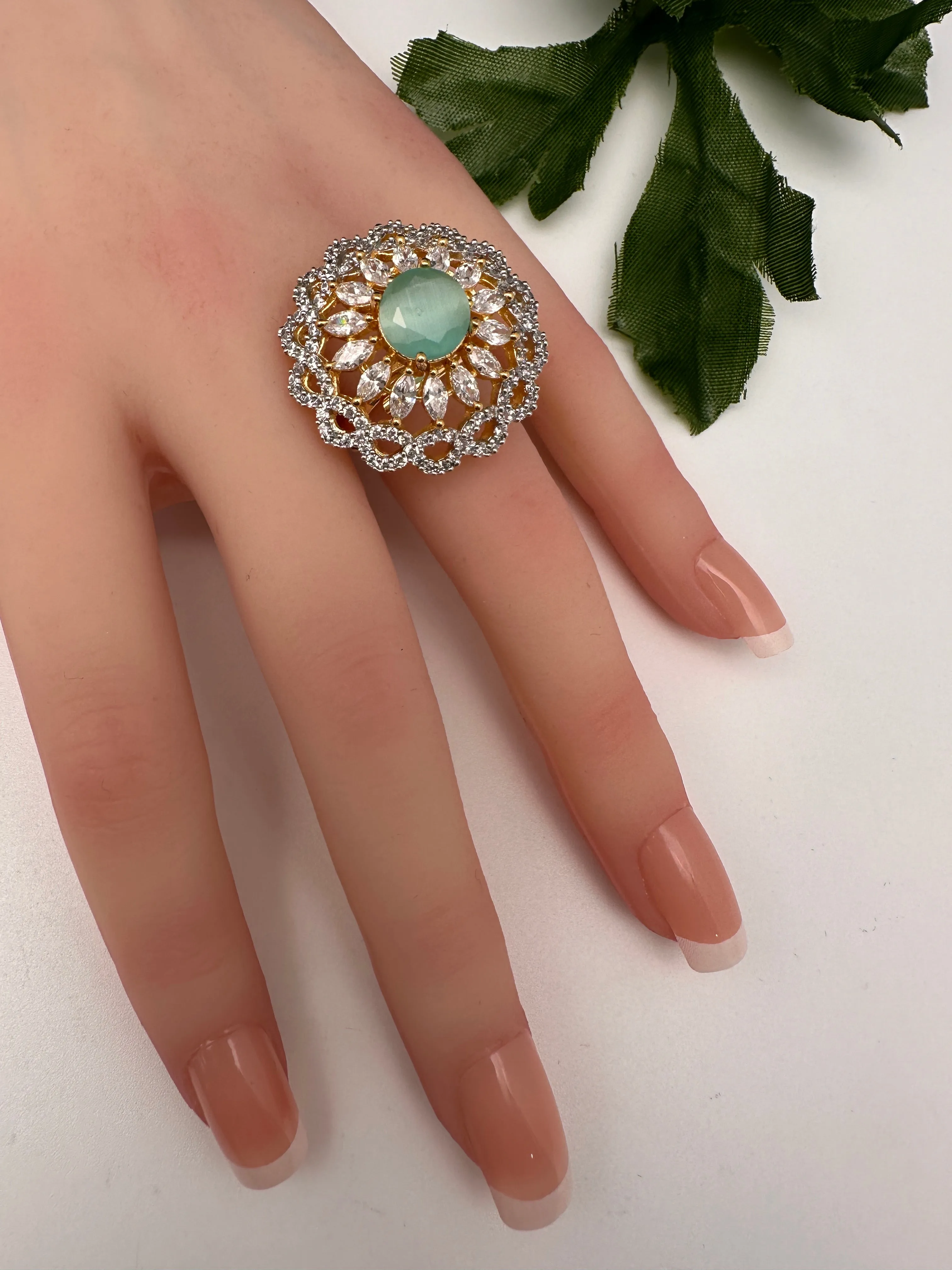 AD Gold Finish Adjustable Color Stone Cocktail Ring