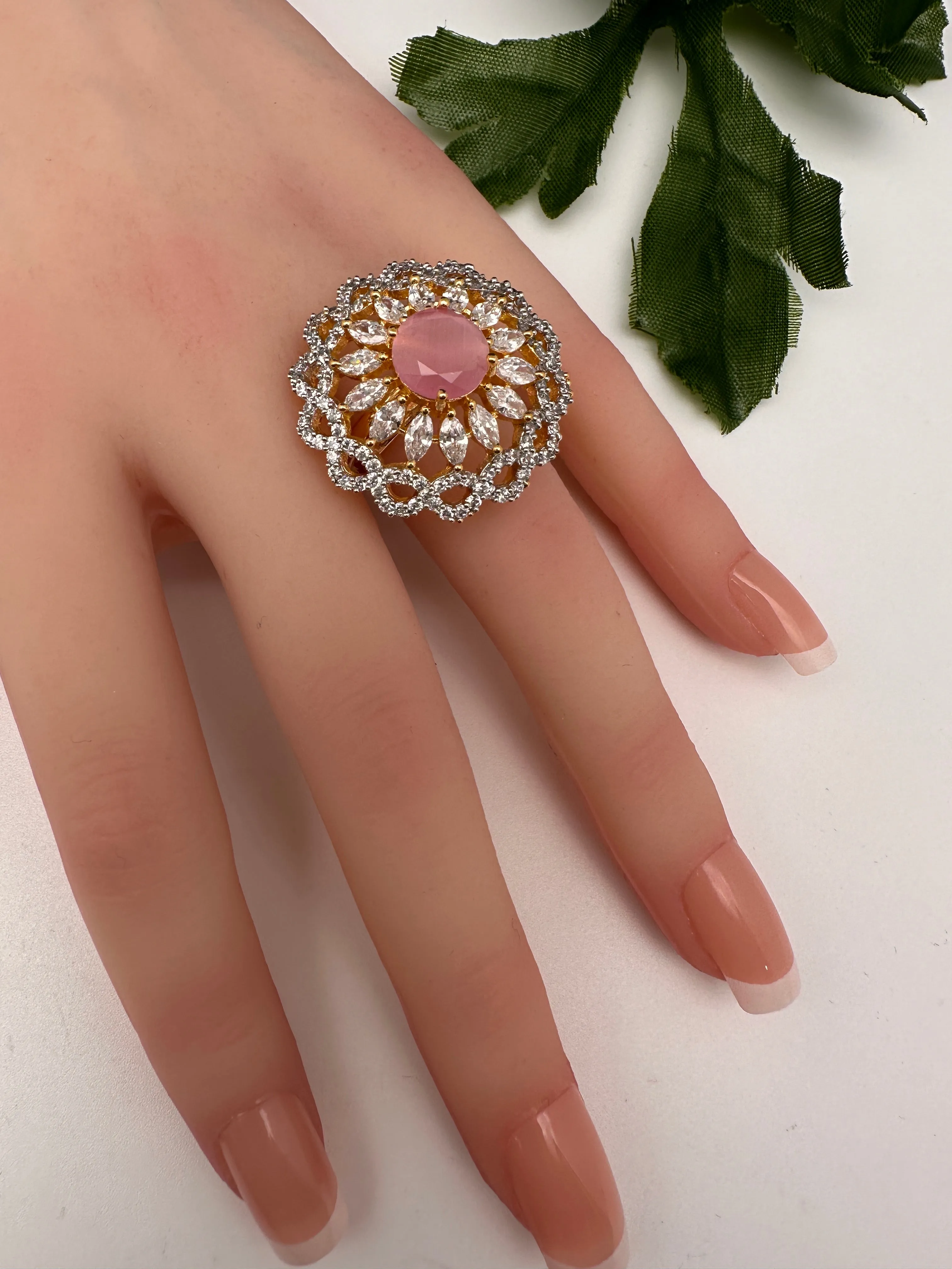 AD Gold Finish Adjustable Color Stone Cocktail Ring