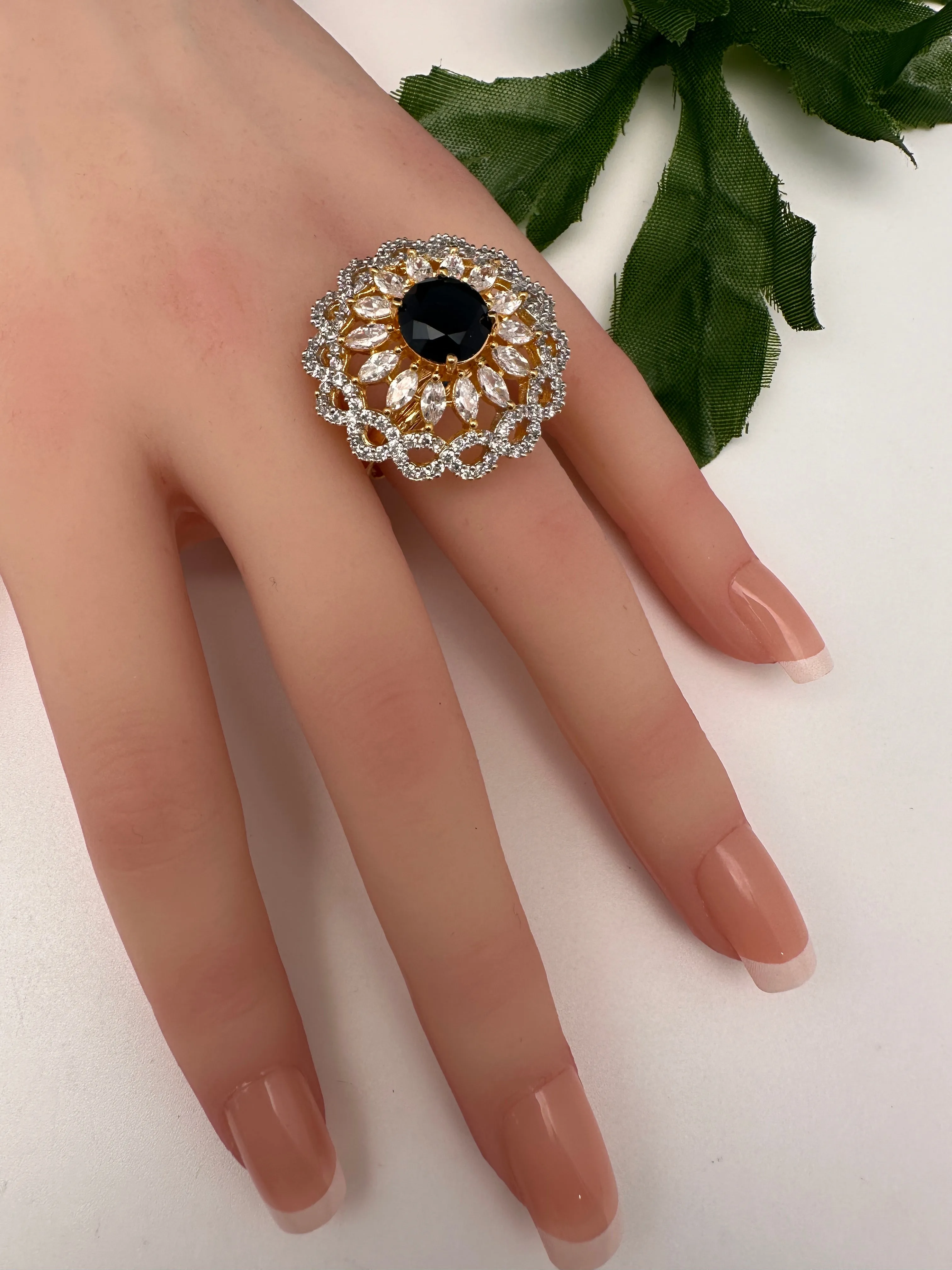 AD Gold Finish Adjustable Color Stone Cocktail Ring