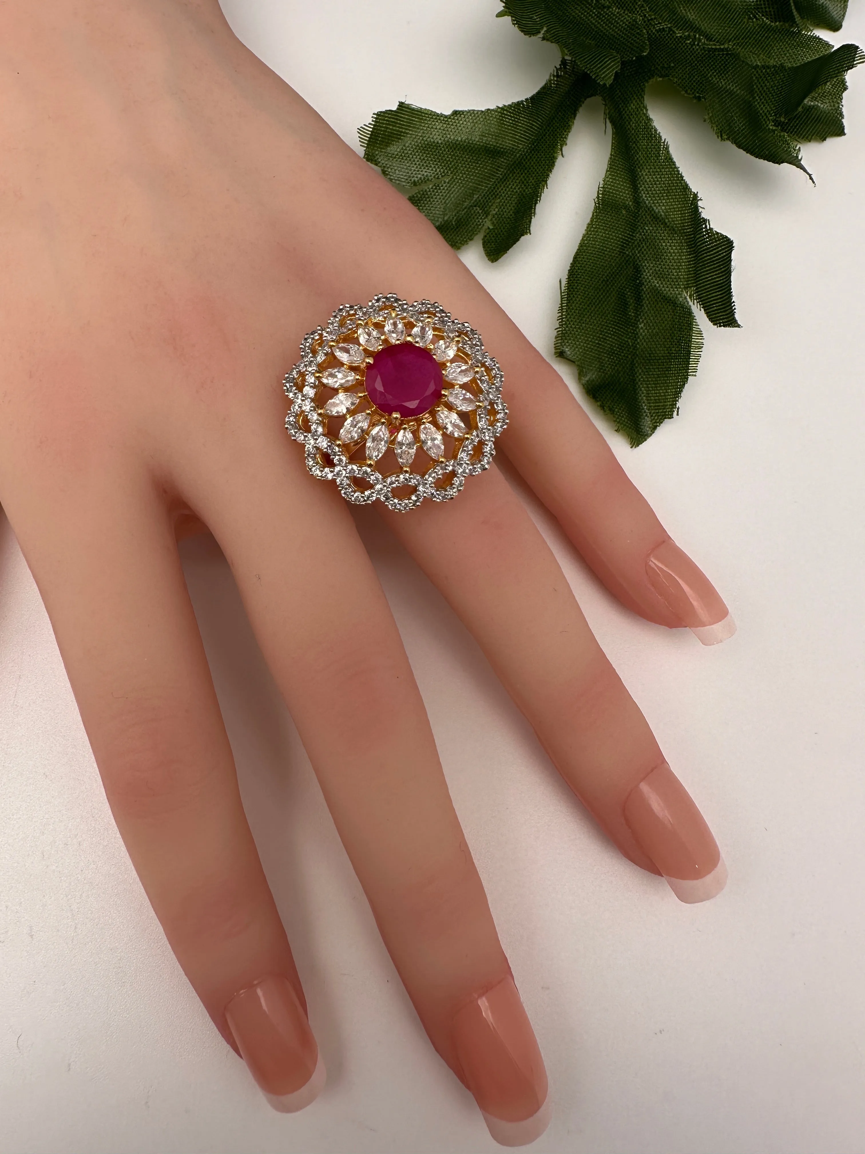 AD Gold Finish Adjustable Color Stone Cocktail Ring