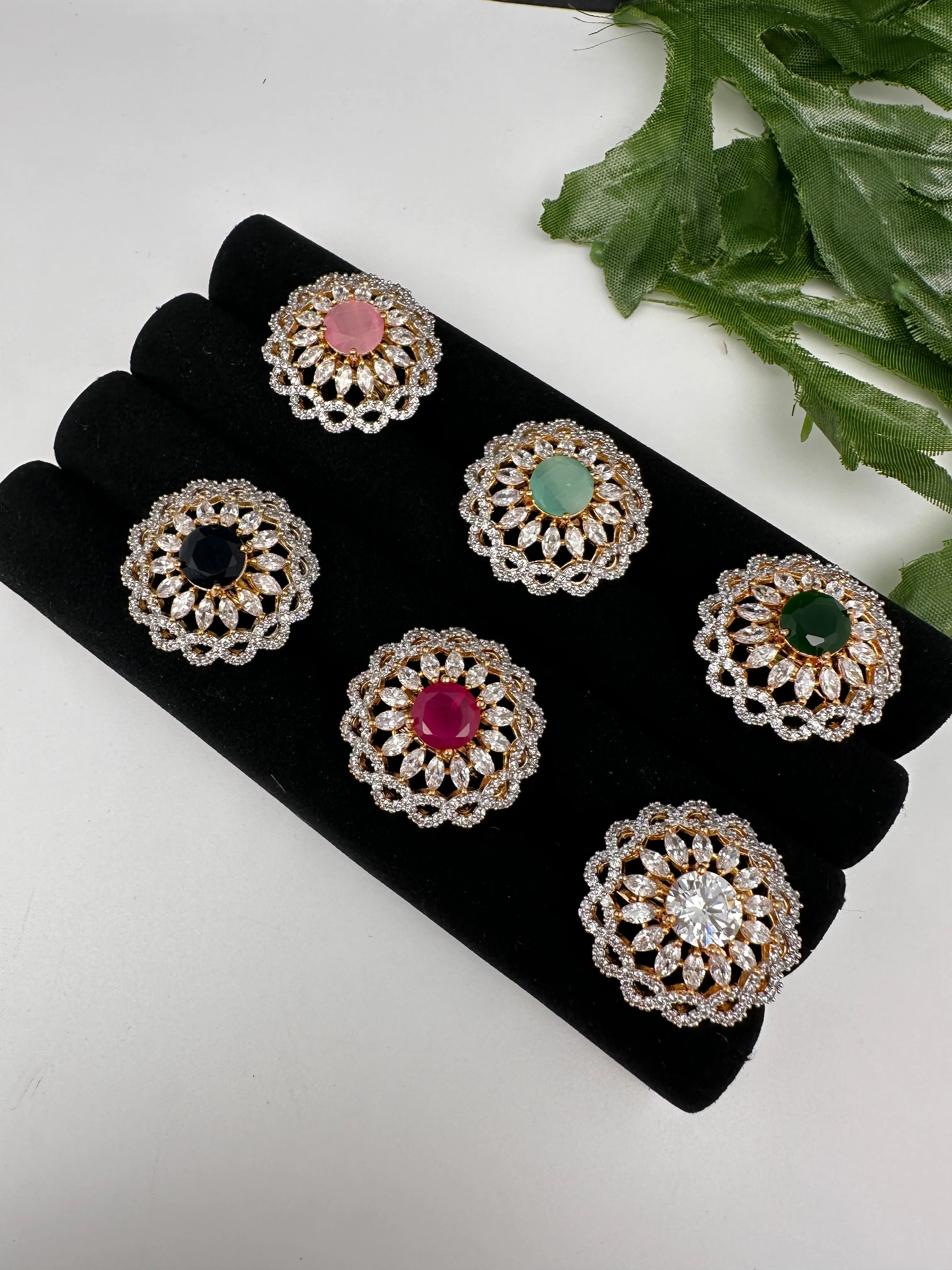 AD Gold Finish Adjustable Color Stone Cocktail Ring