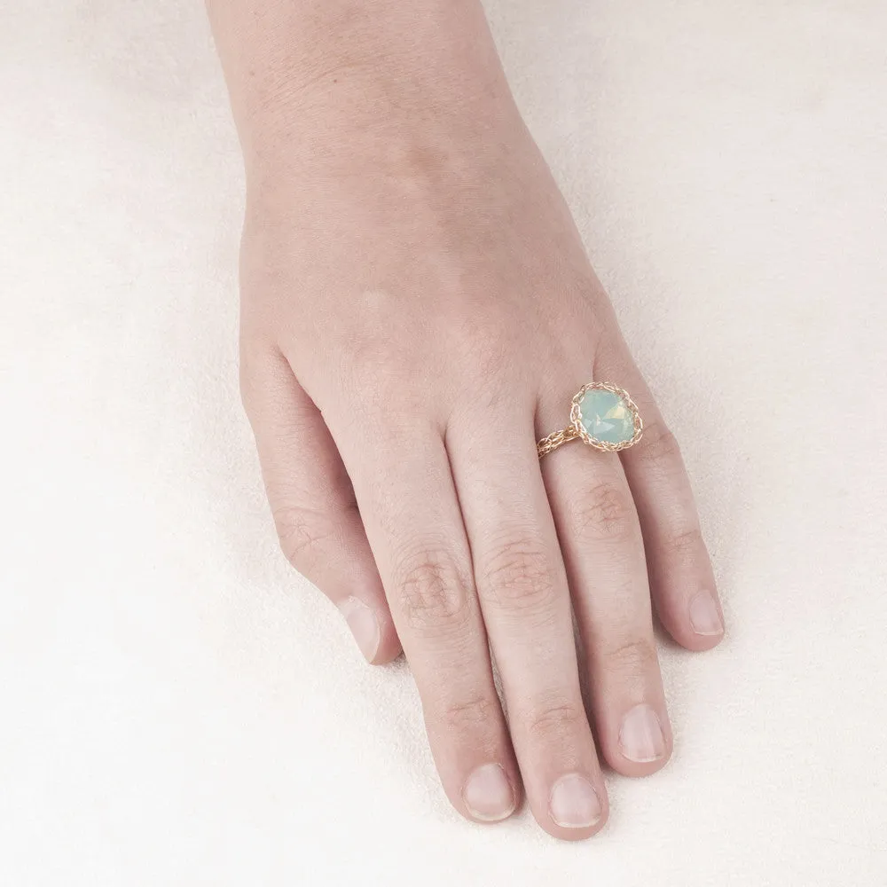 Adjustable Statement Ring , Sparkly ocean green Crystal ring , wire crocheted