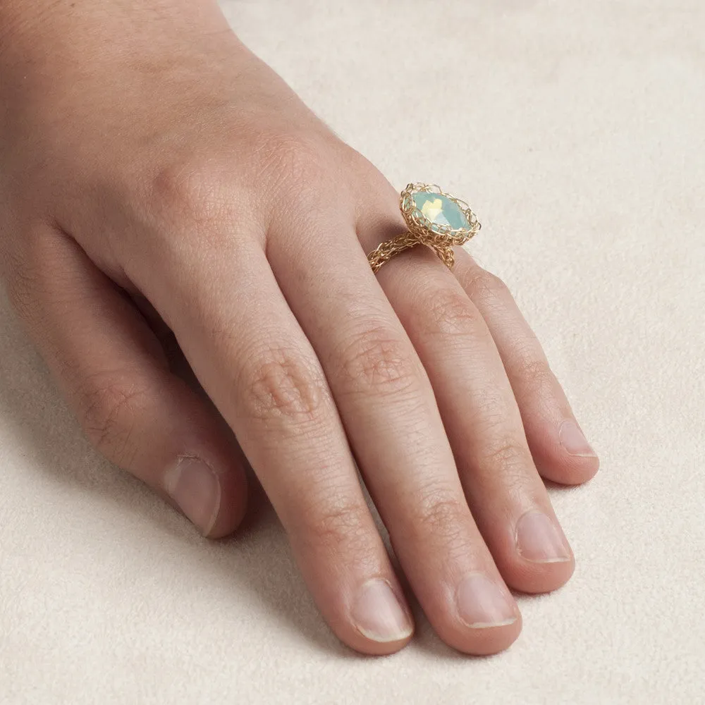 Adjustable Statement Ring , Sparkly ocean green Crystal ring , wire crocheted