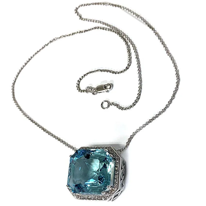 Aquamarine Emerald Cut Diamond Halo Necklace