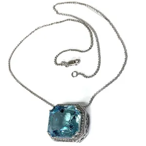 Aquamarine Emerald Cut Diamond Halo Necklace