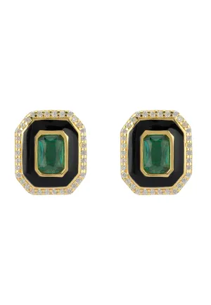 Art Deco Emerald And Enamel Stud Earrings Gold