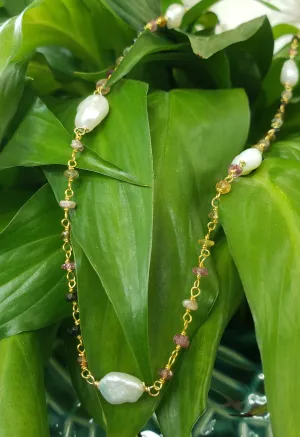 AVF Gold Pearl & Multicolored Tourmaline Beaded Long Necklace (SI3688)