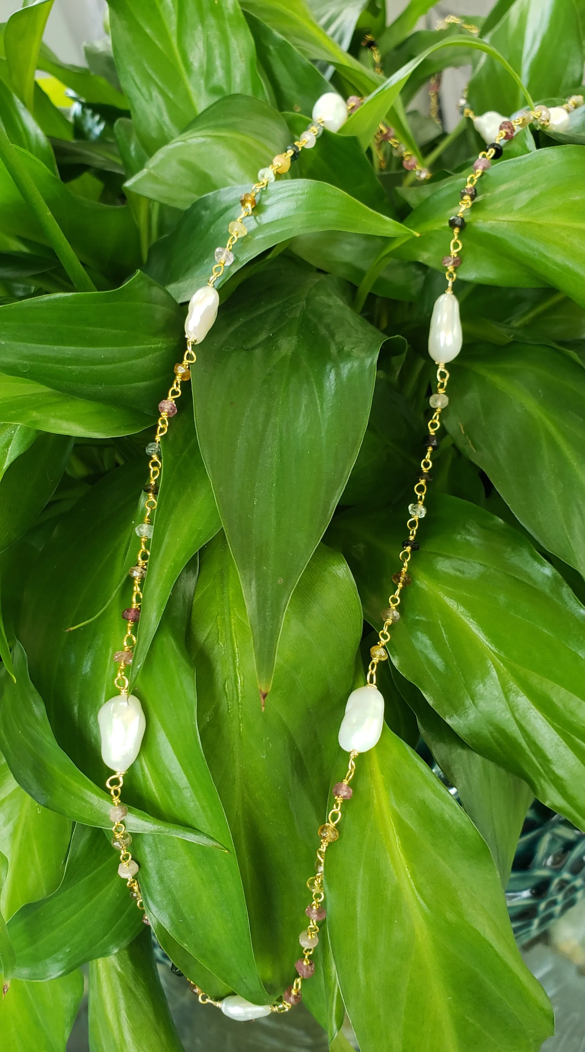 AVF Gold Pearl & Multicolored Tourmaline Beaded Long Necklace (SI3688)