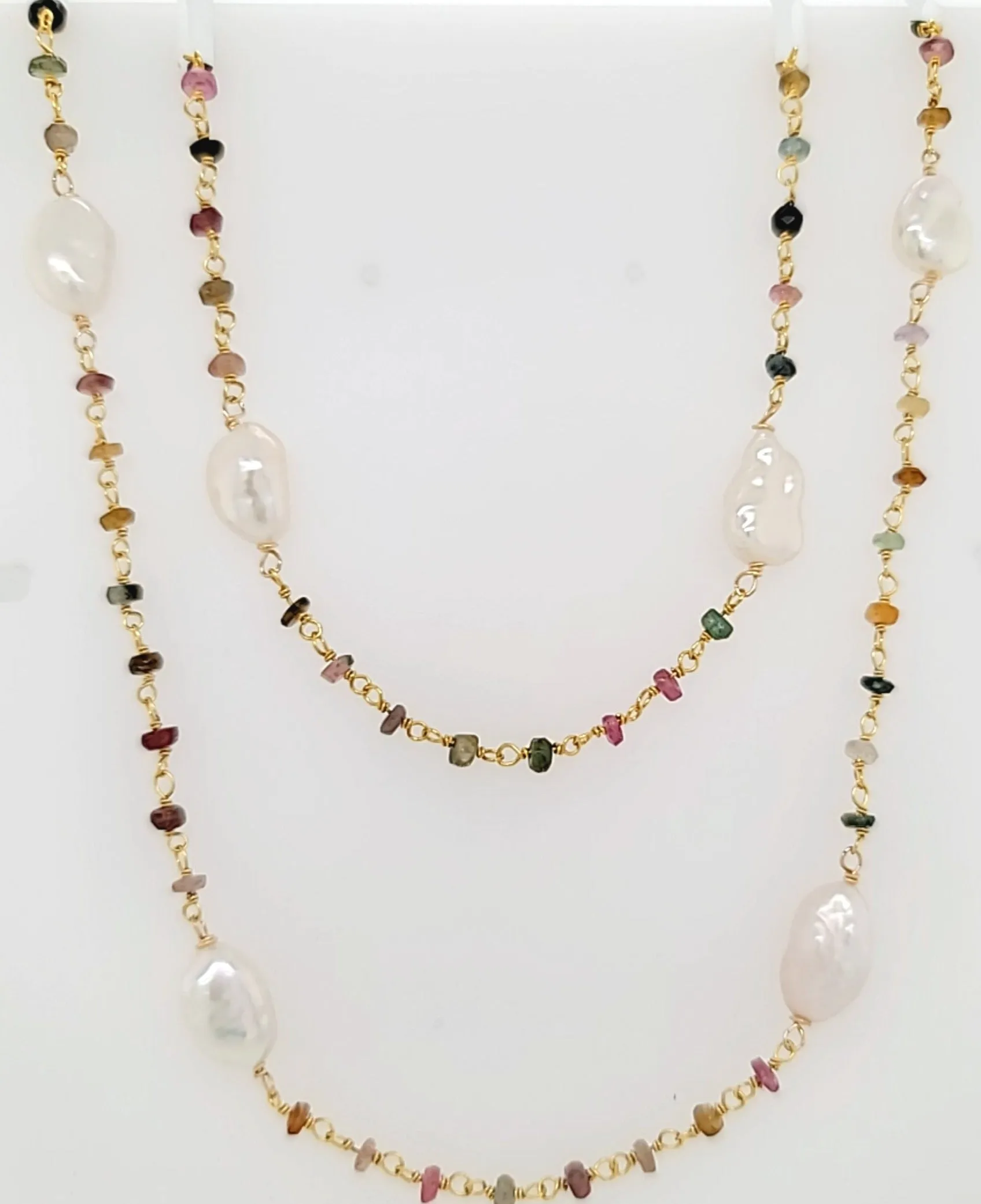 AVF Gold Pearl & Multicolored Tourmaline Beaded Long Necklace (SI3688)