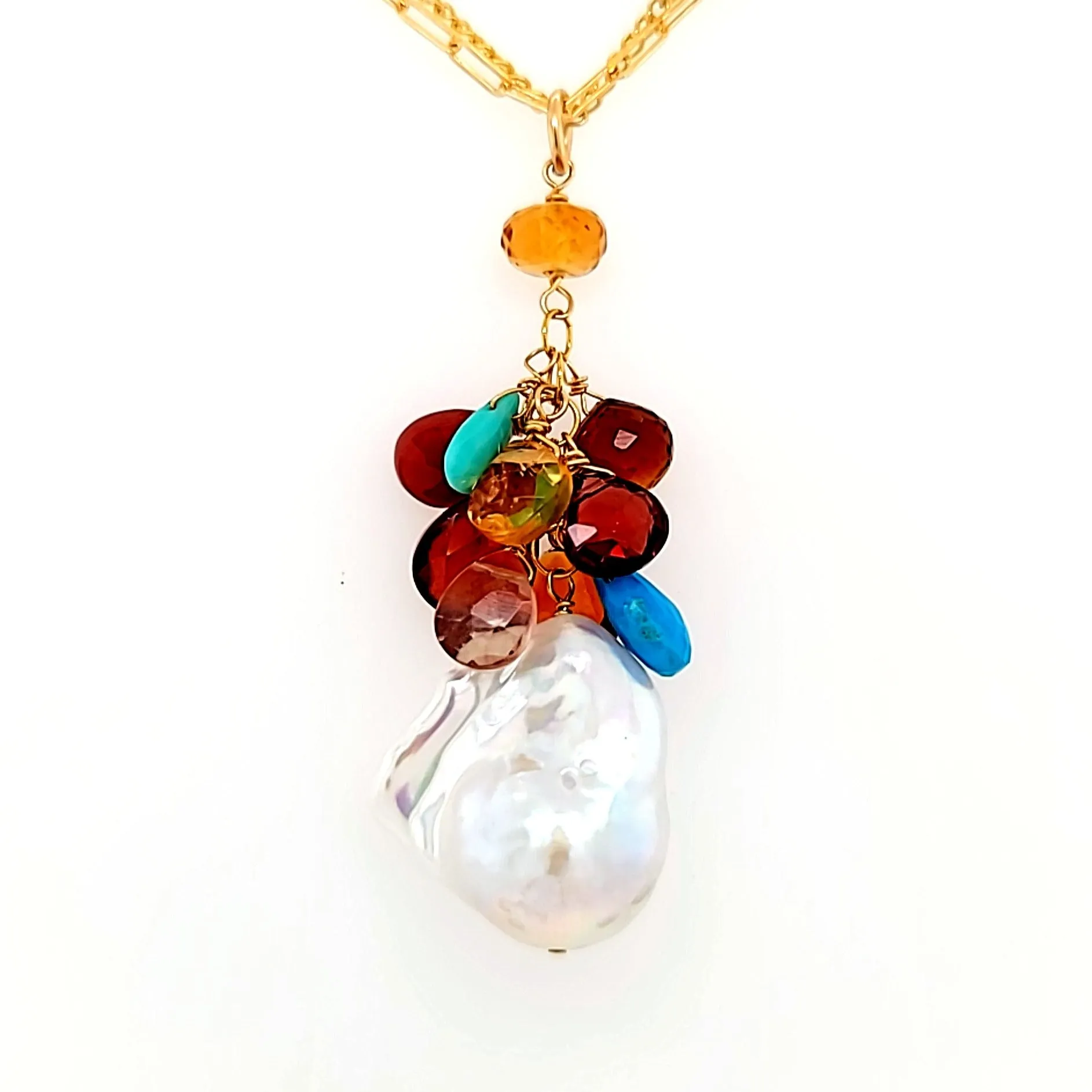 AVF Gold Pearl, Citrine, Garnet, Turquoise & Quartz Cluster Necklace (SI2785)