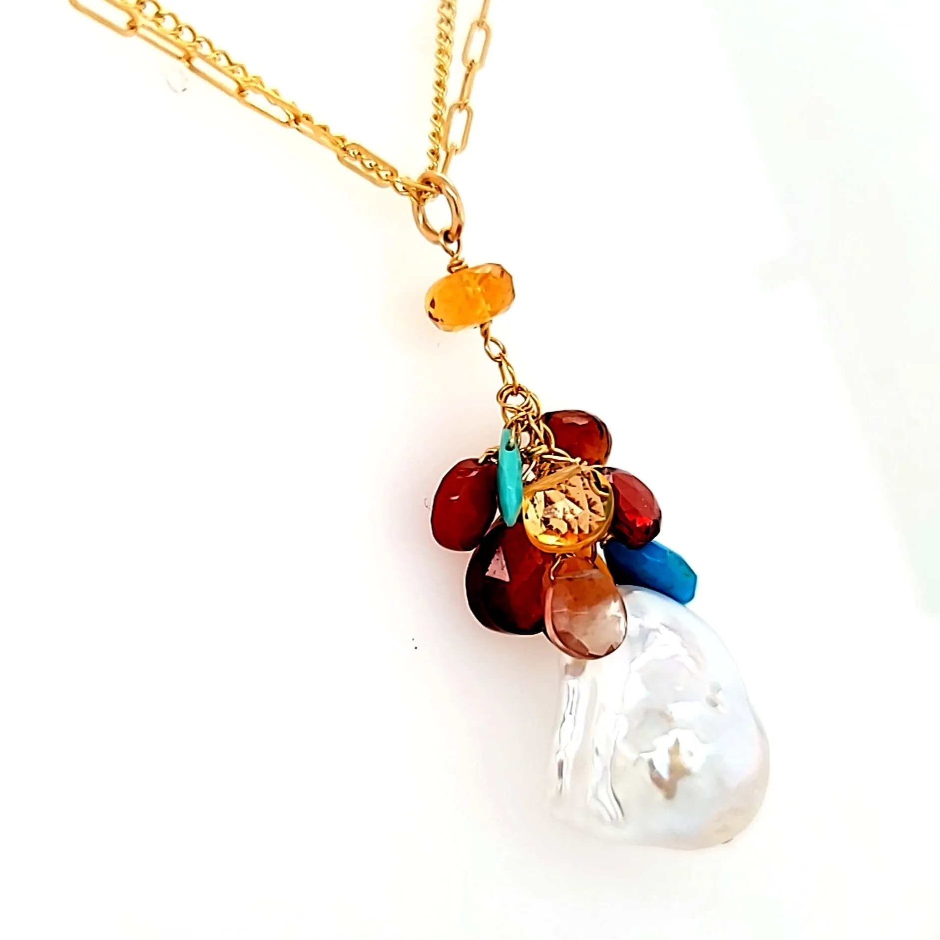 AVF Gold Pearl, Citrine, Garnet, Turquoise & Quartz Cluster Necklace (SI2785)