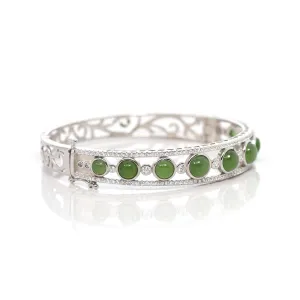 Baikalla "Art deco" Sterling Silver Round Nephrite Jade Hinge Bracelet With Fashion Zircon Accents