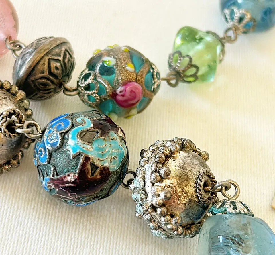Beautiful rare beaded cloisonné beaded necklace mixed with silver, lavender, glass green & blue stone / crystal mix.