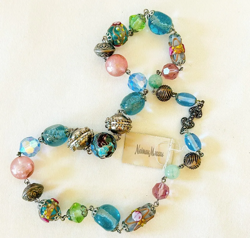 Beautiful rare beaded cloisonné beaded necklace mixed with silver, lavender, glass green & blue stone / crystal mix.