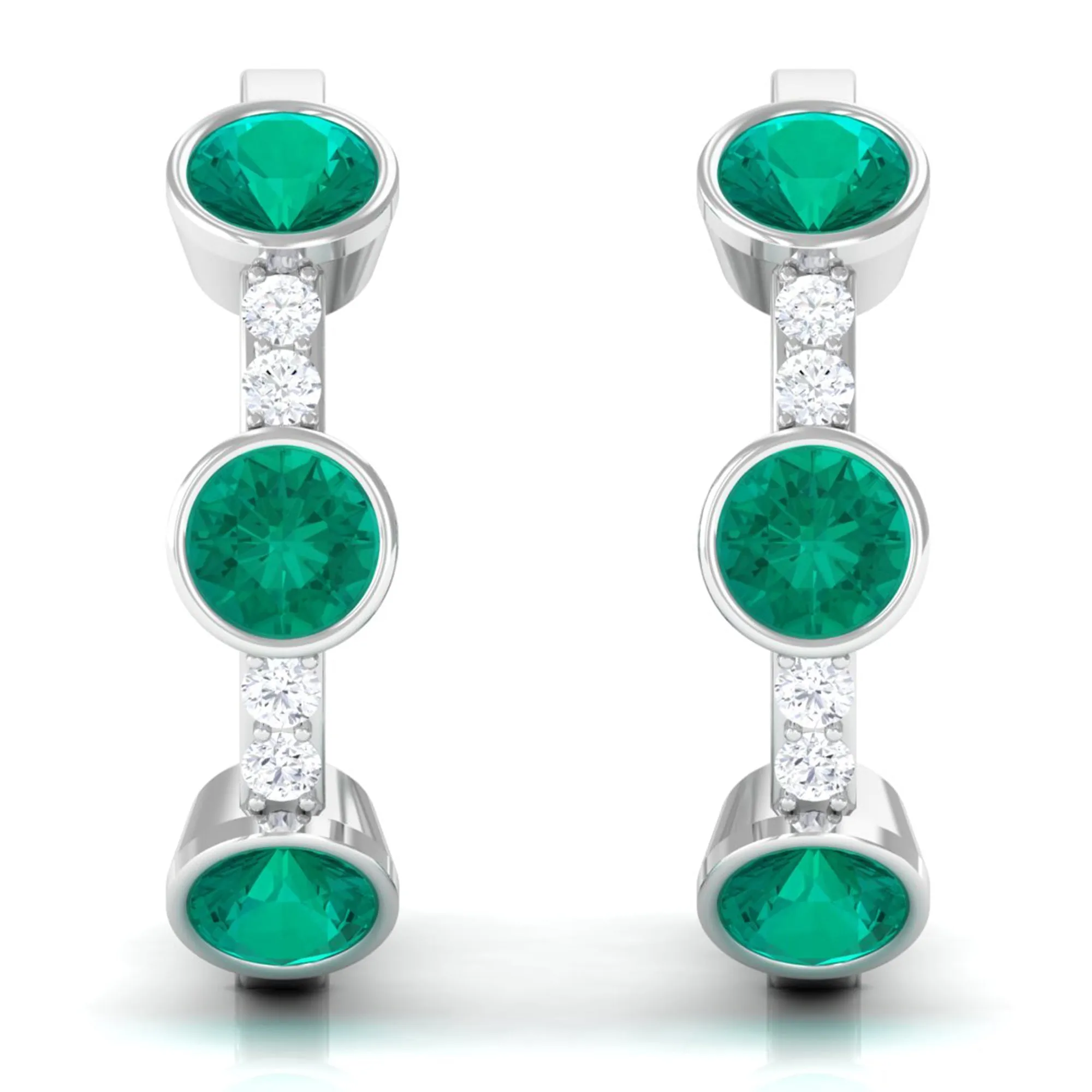 Bezel Set Emerald 3 Stone Hinged Hoop Earrings with Diamond
