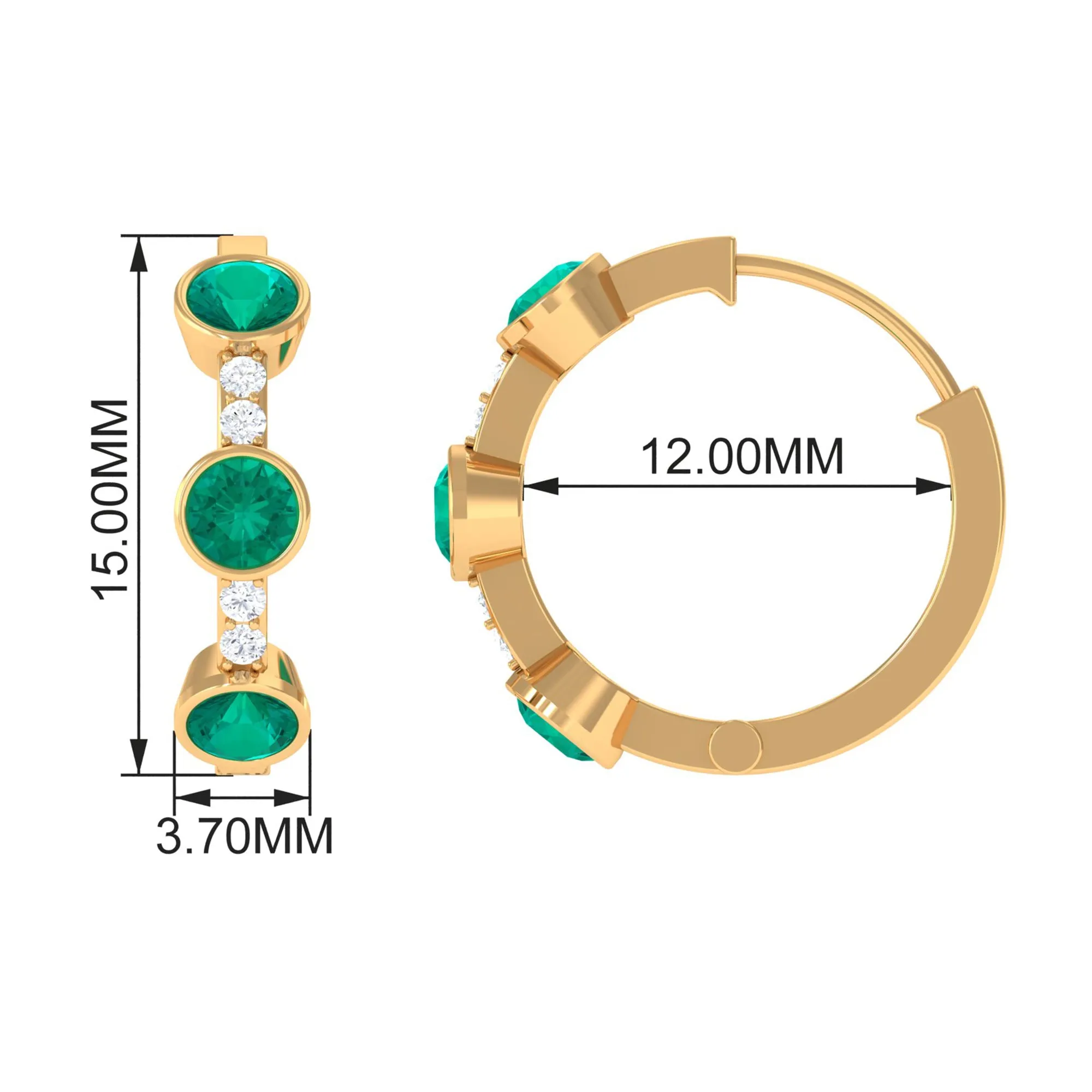 Bezel Set Emerald 3 Stone Hinged Hoop Earrings with Diamond