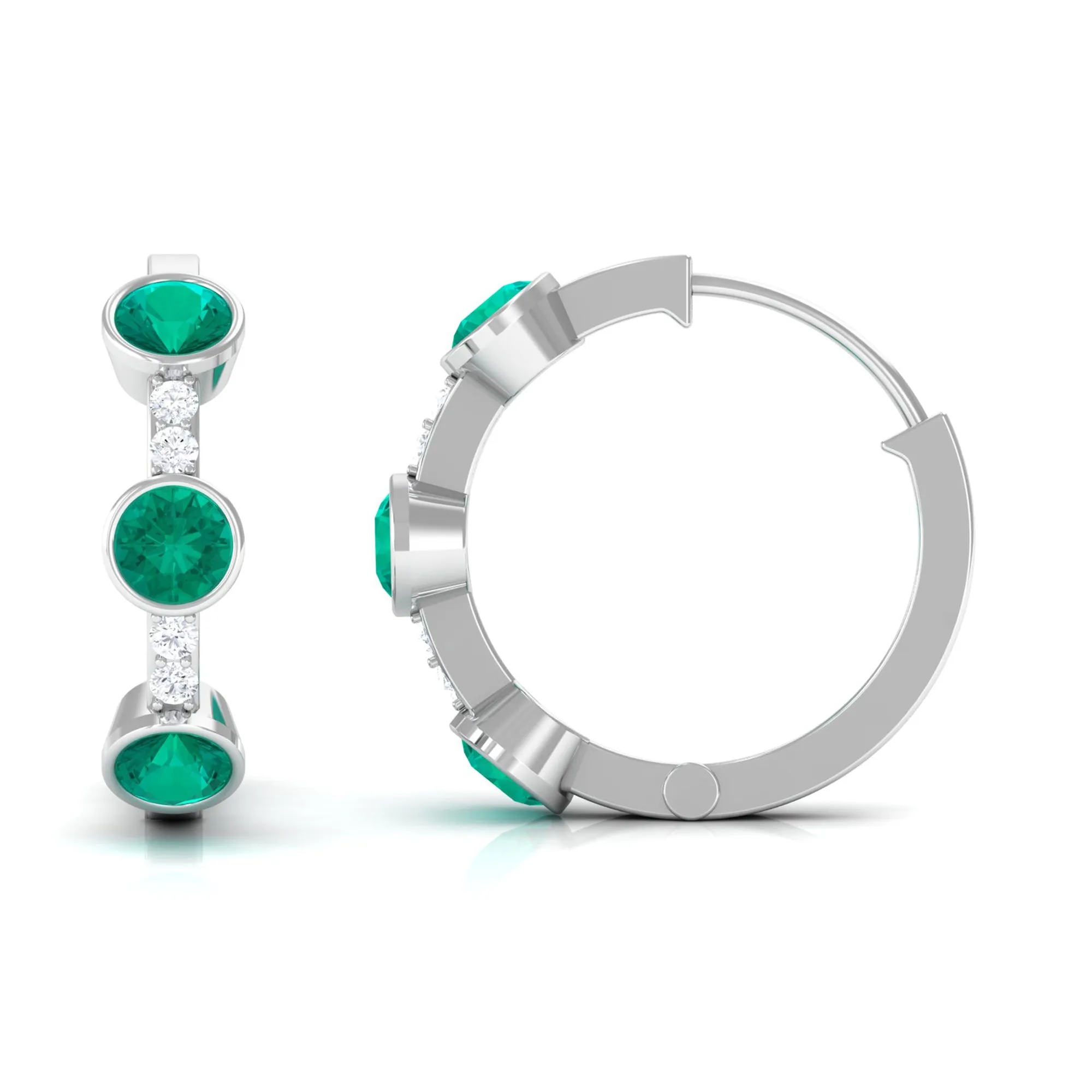 Bezel Set Emerald 3 Stone Hinged Hoop Earrings with Diamond