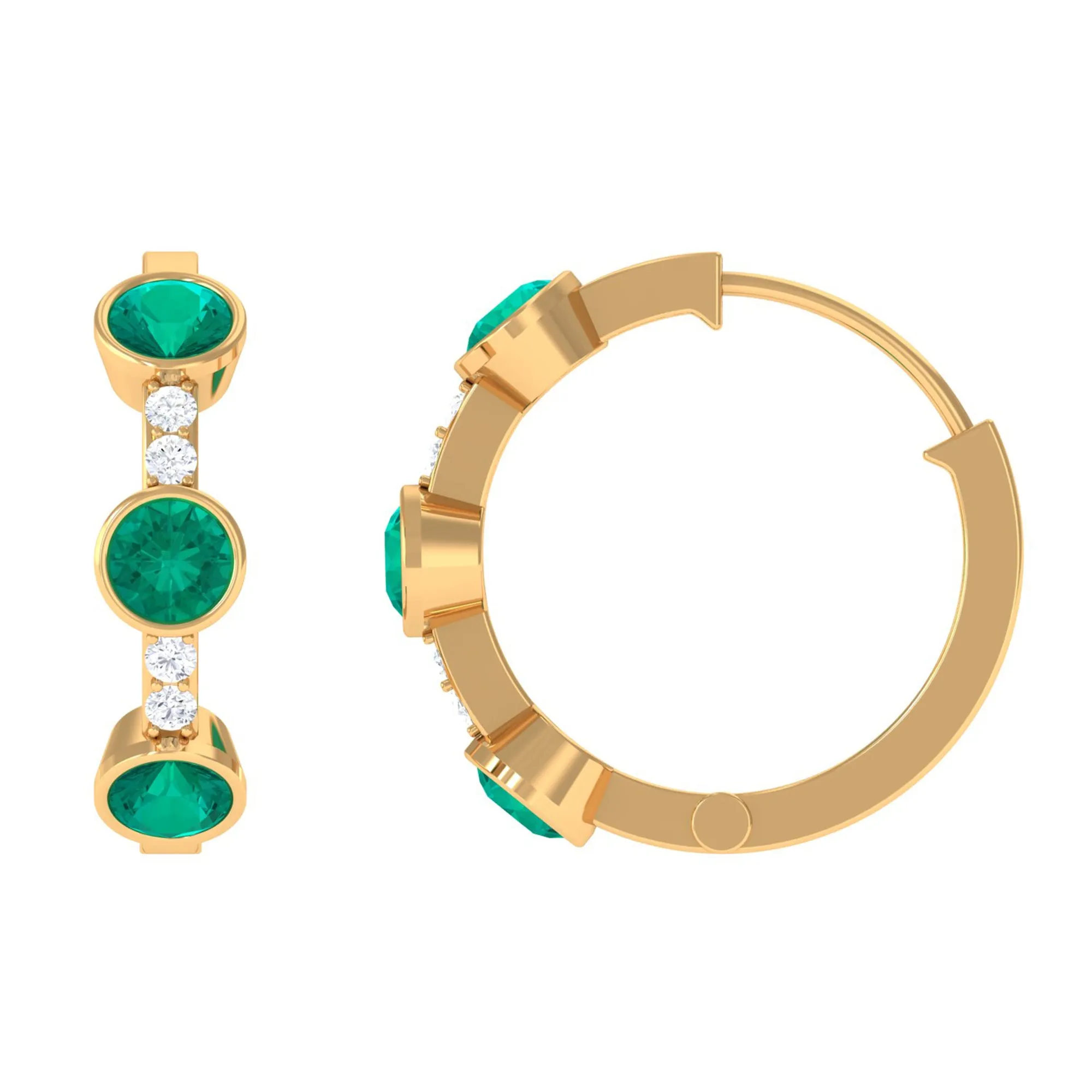 Bezel Set Emerald 3 Stone Hinged Hoop Earrings with Diamond