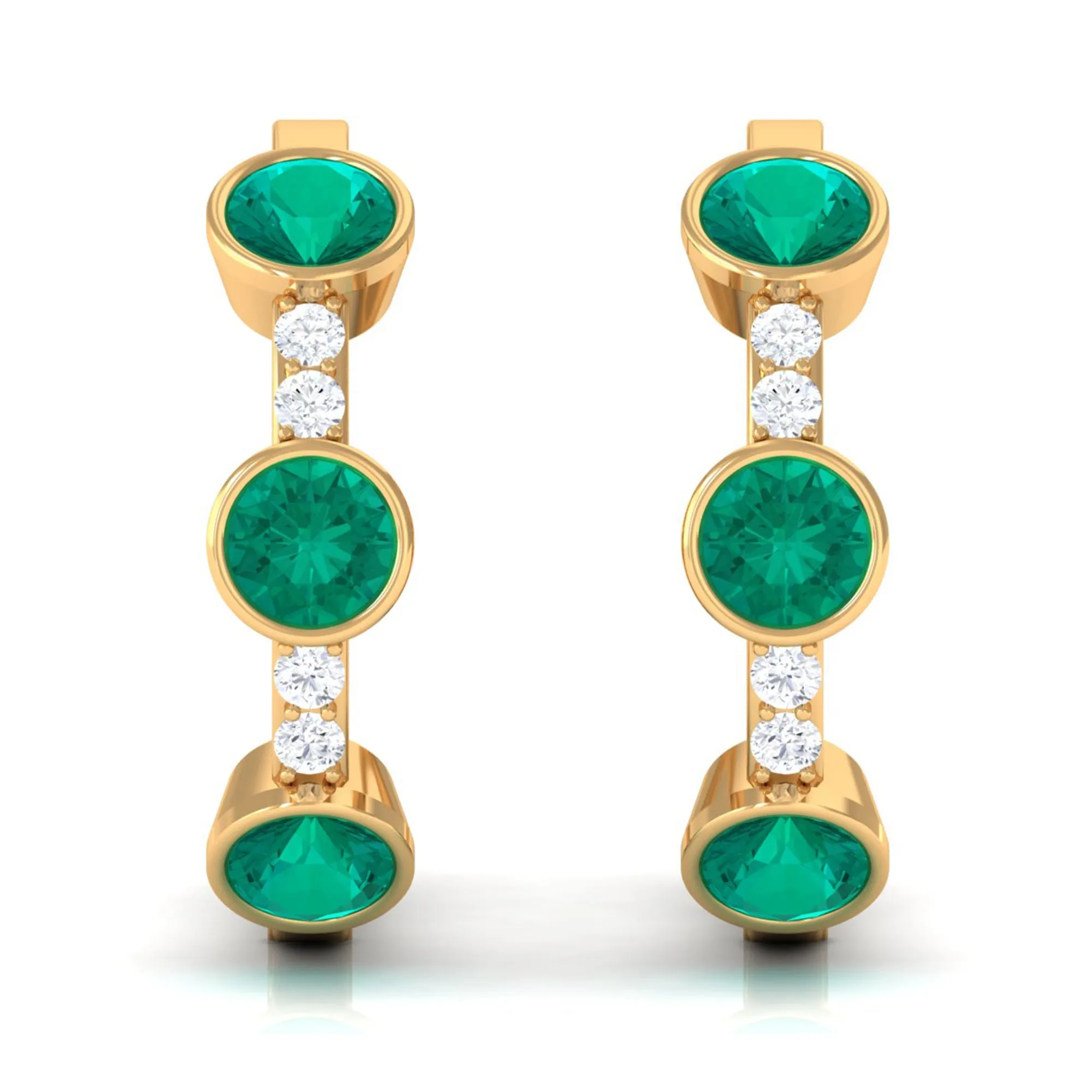 Bezel Set Emerald 3 Stone Hinged Hoop Earrings with Diamond