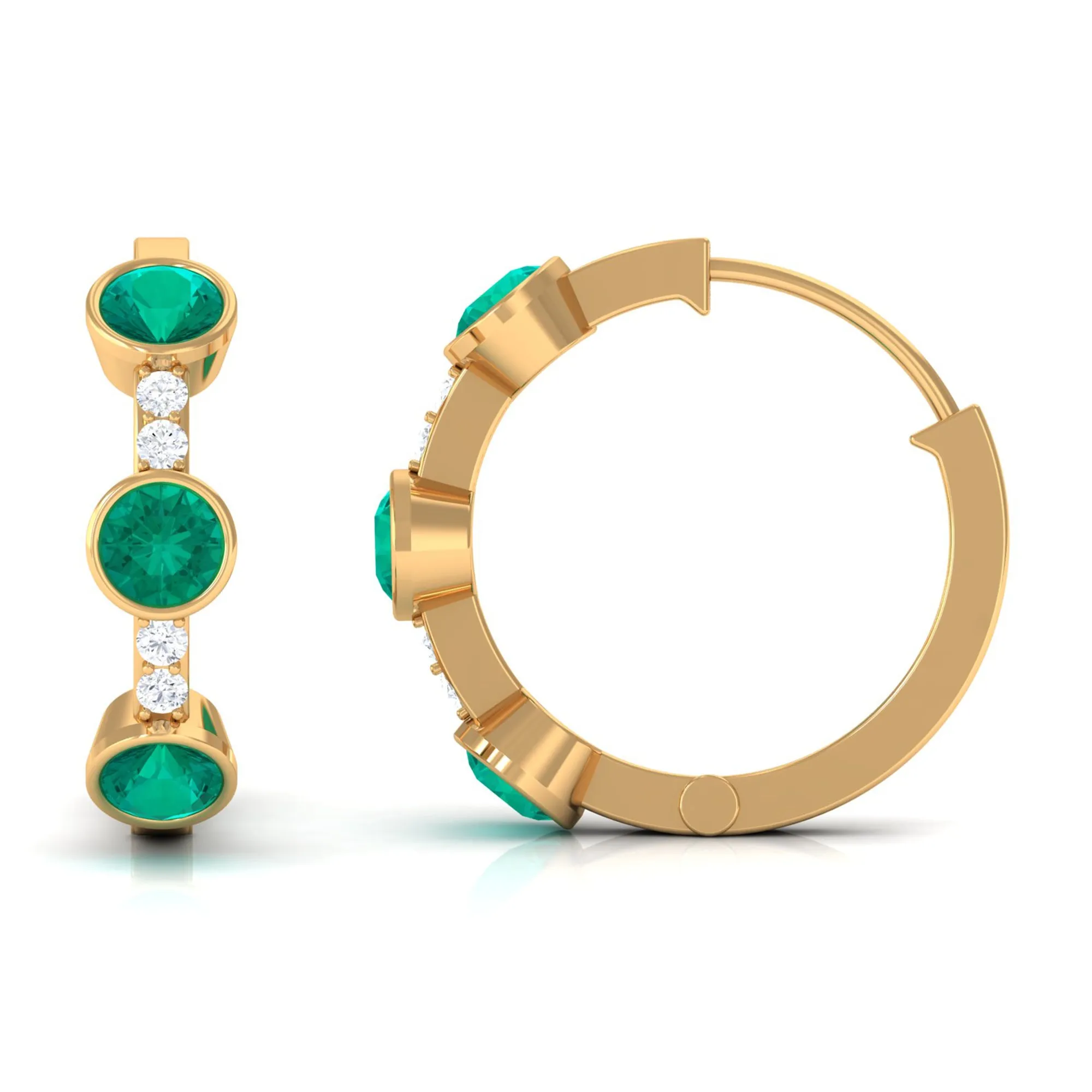 Bezel Set Emerald 3 Stone Hinged Hoop Earrings with Diamond