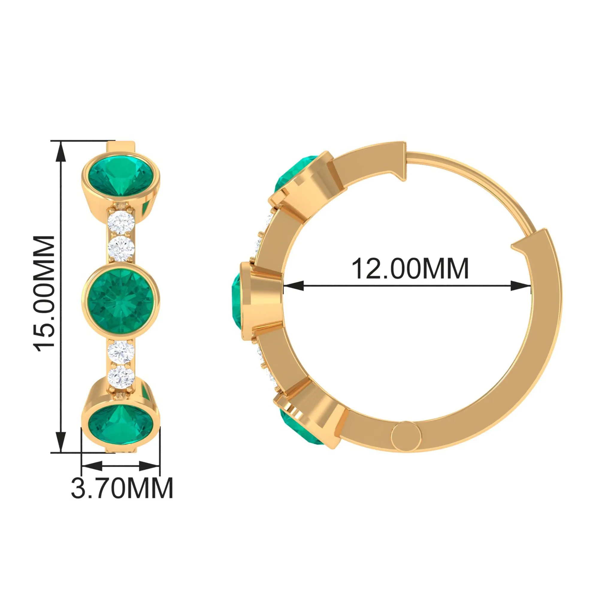 Bezel Set Emerald 3 Stone Hinged Hoop Earrings with Diamond