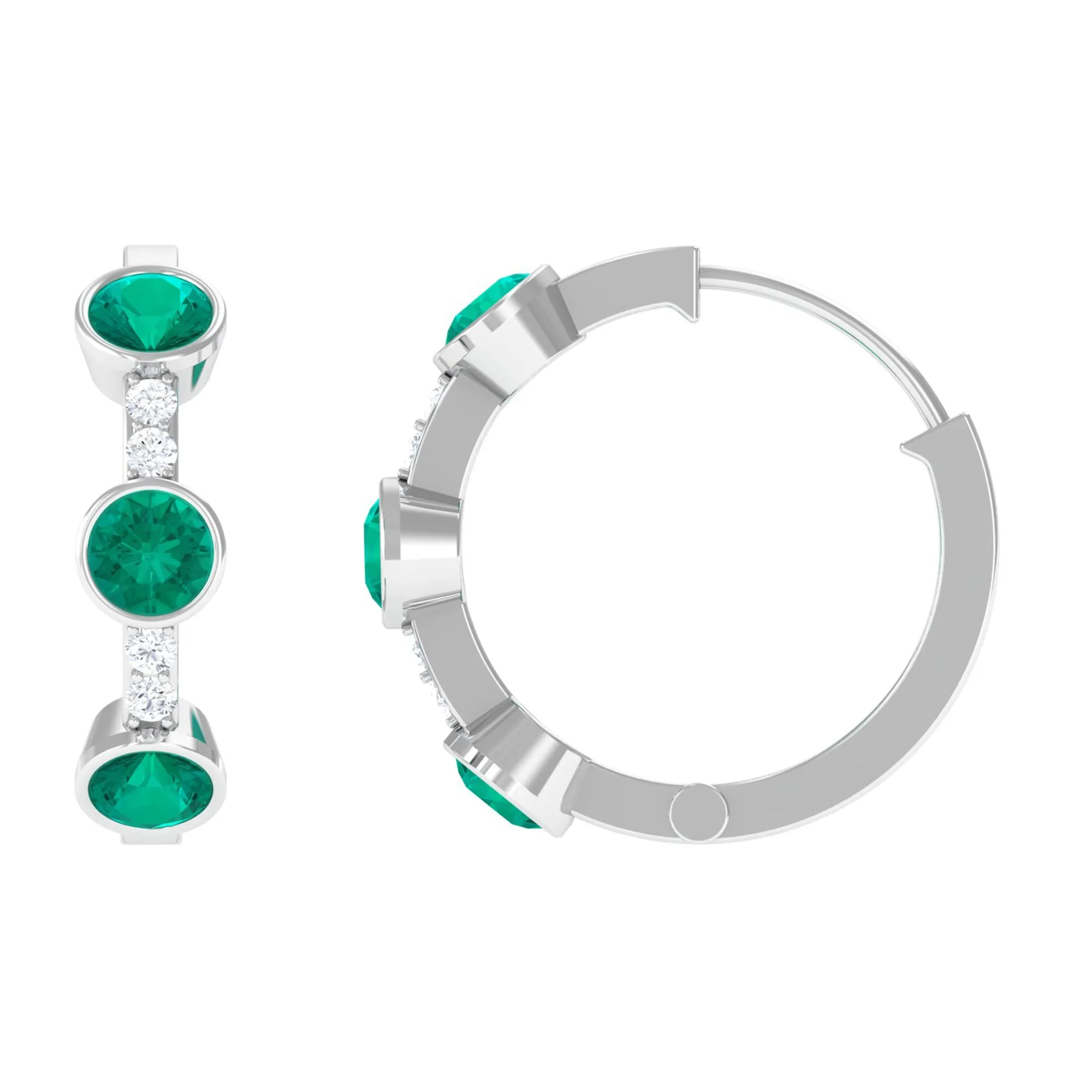 Bezel Set Emerald 3 Stone Hinged Hoop Earrings with Diamond