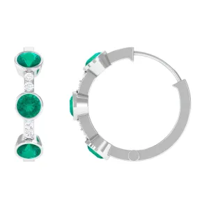 Bezel Set Emerald 3 Stone Hinged Hoop Earrings with Diamond
