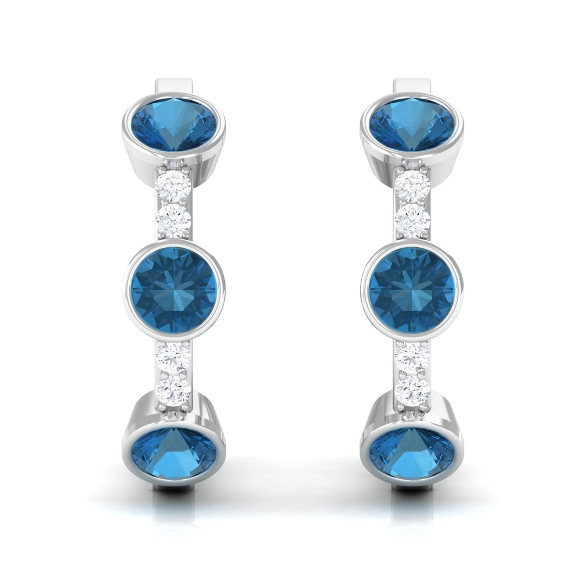 Bezel Set London Blue Topaz 3 Stone Hinged Hoop Earrings with Diamond