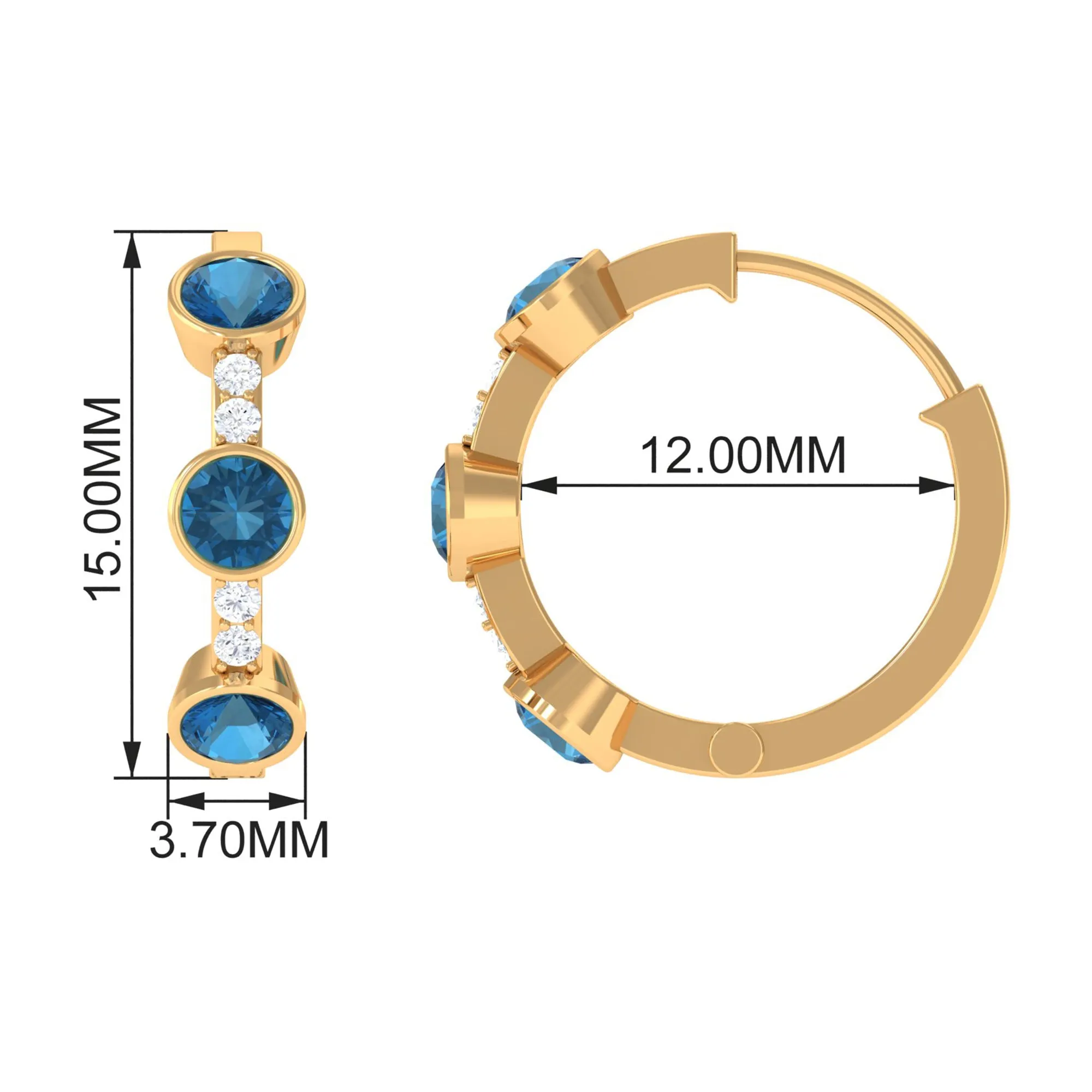 Bezel Set London Blue Topaz 3 Stone Hinged Hoop Earrings with Diamond