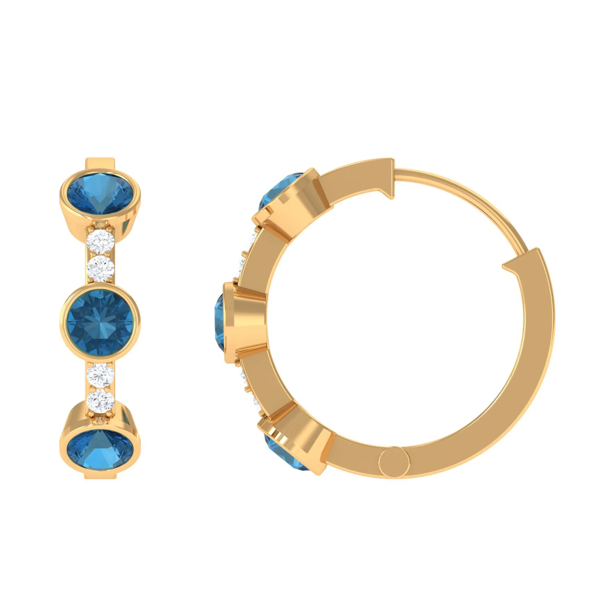 Bezel Set London Blue Topaz 3 Stone Hinged Hoop Earrings with Diamond