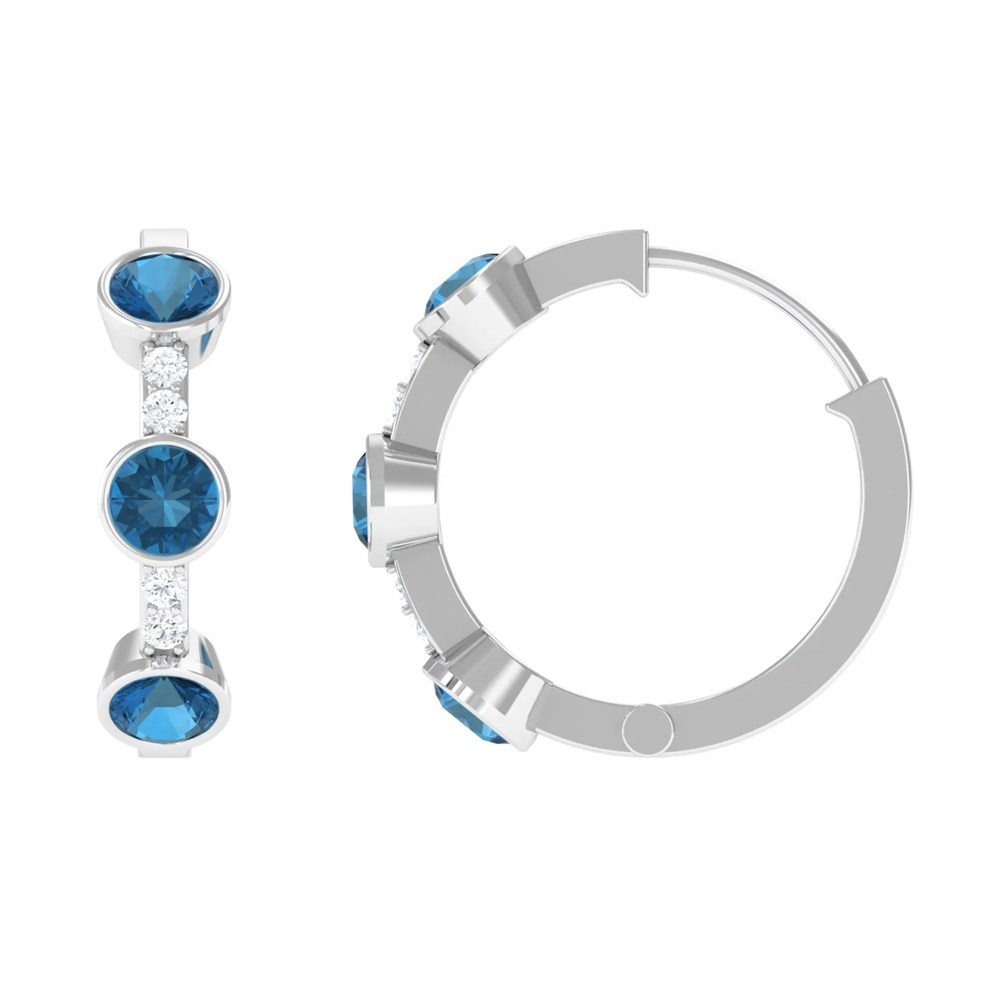 Bezel Set London Blue Topaz 3 Stone Hinged Hoop Earrings with Diamond