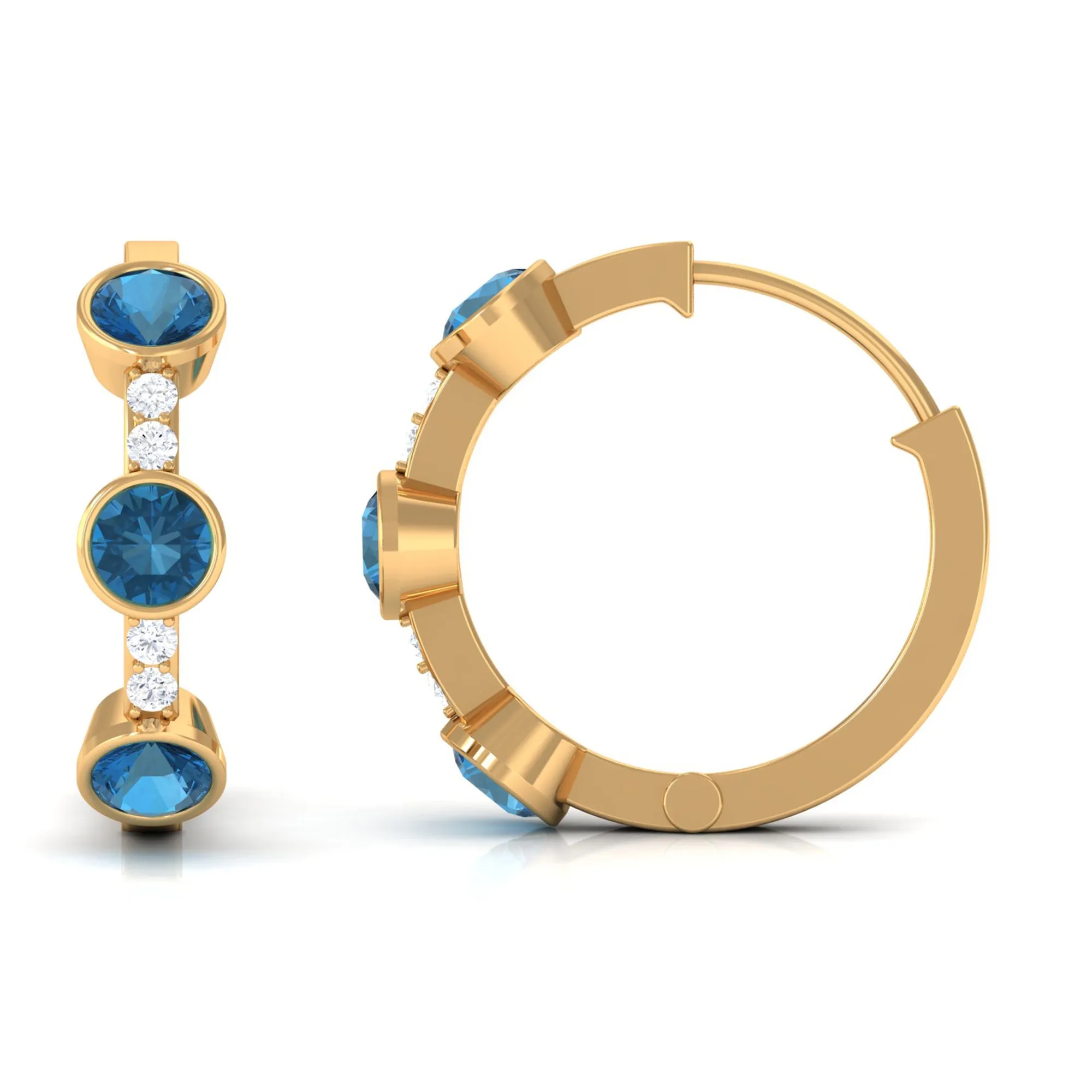 Bezel Set London Blue Topaz 3 Stone Hinged Hoop Earrings with Diamond
