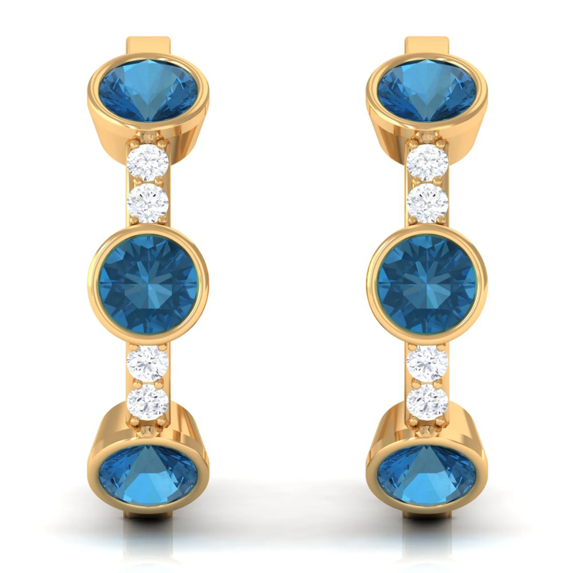 Bezel Set London Blue Topaz 3 Stone Hinged Hoop Earrings with Diamond