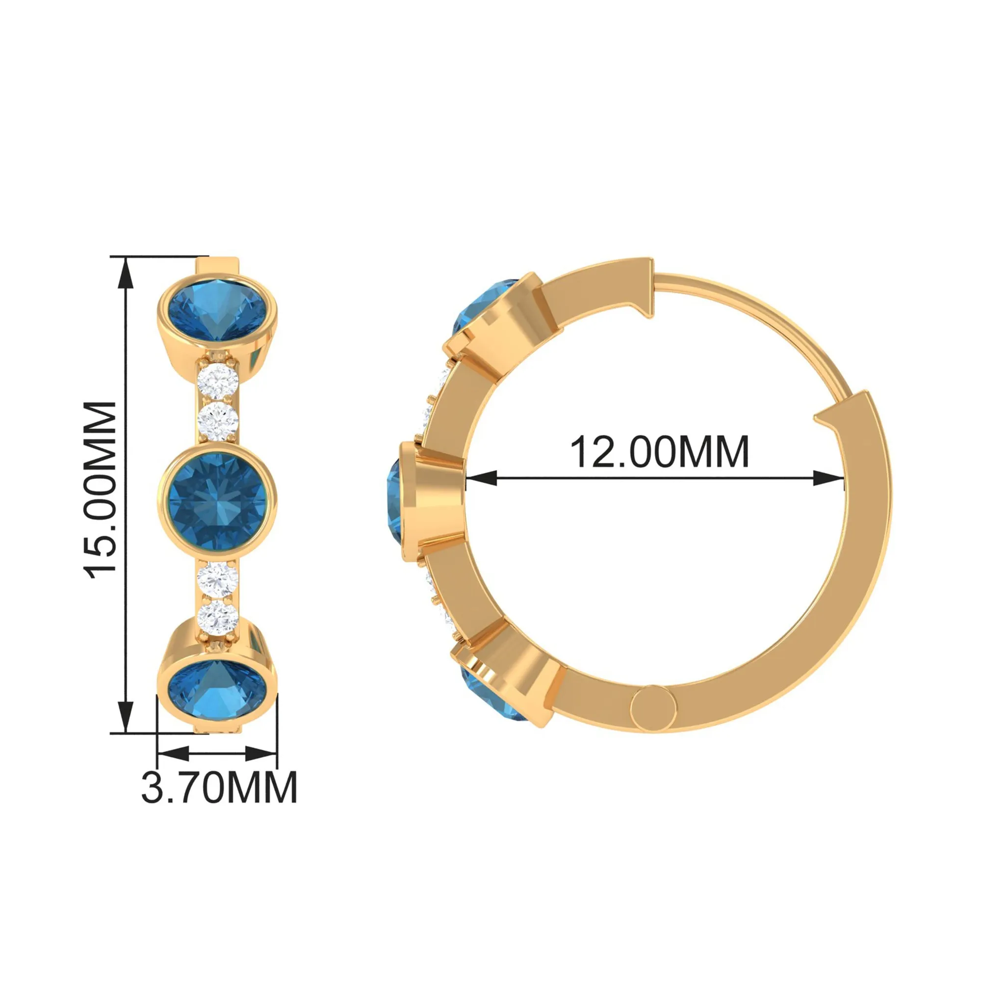 Bezel Set London Blue Topaz 3 Stone Hinged Hoop Earrings with Diamond