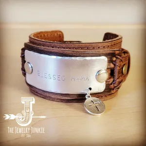 Blessed Mama Hand Stamped Genuine Leather Cuff 013g