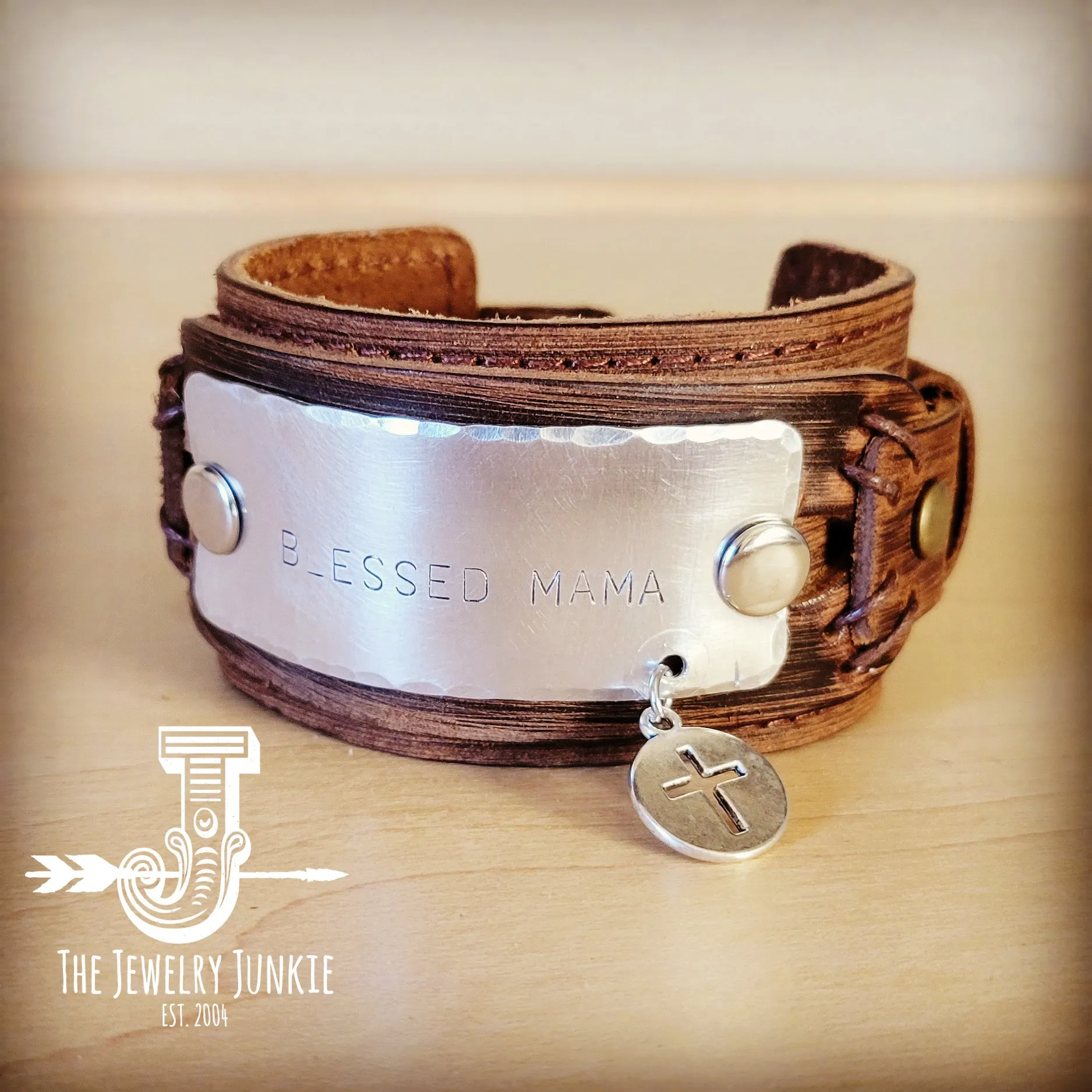 Blessed Mama Hand Stamped Genuine Leather Cuff 013g