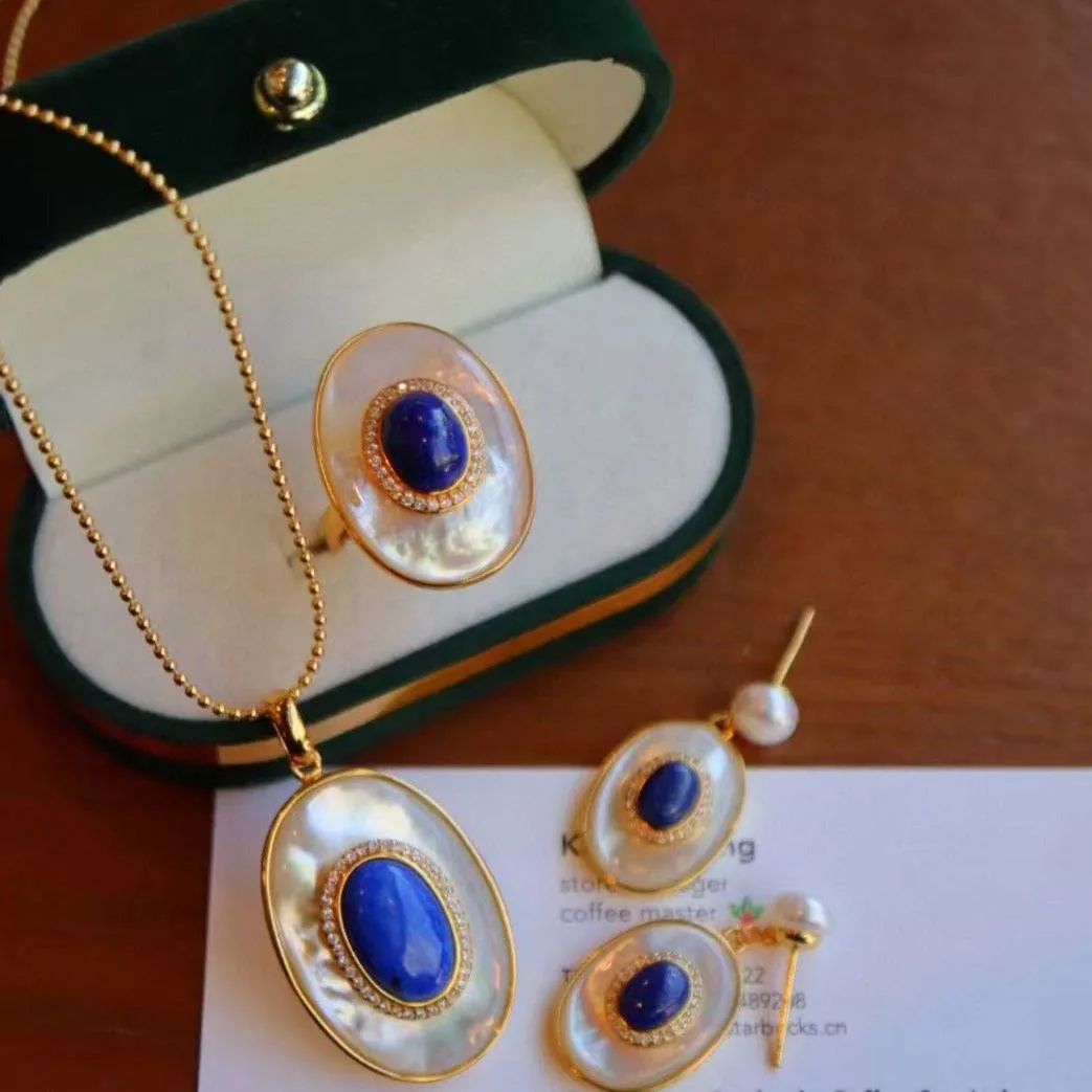 Blue Lapis Lazuli Mother of Pearls Pendant Necklace Earrings( Purchase Individually)