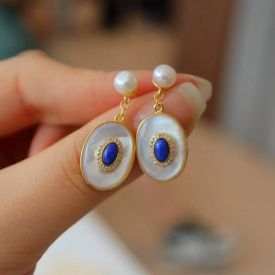 Blue Lapis Lazuli Mother of Pearls Pendant Necklace Earrings( Purchase Individually)