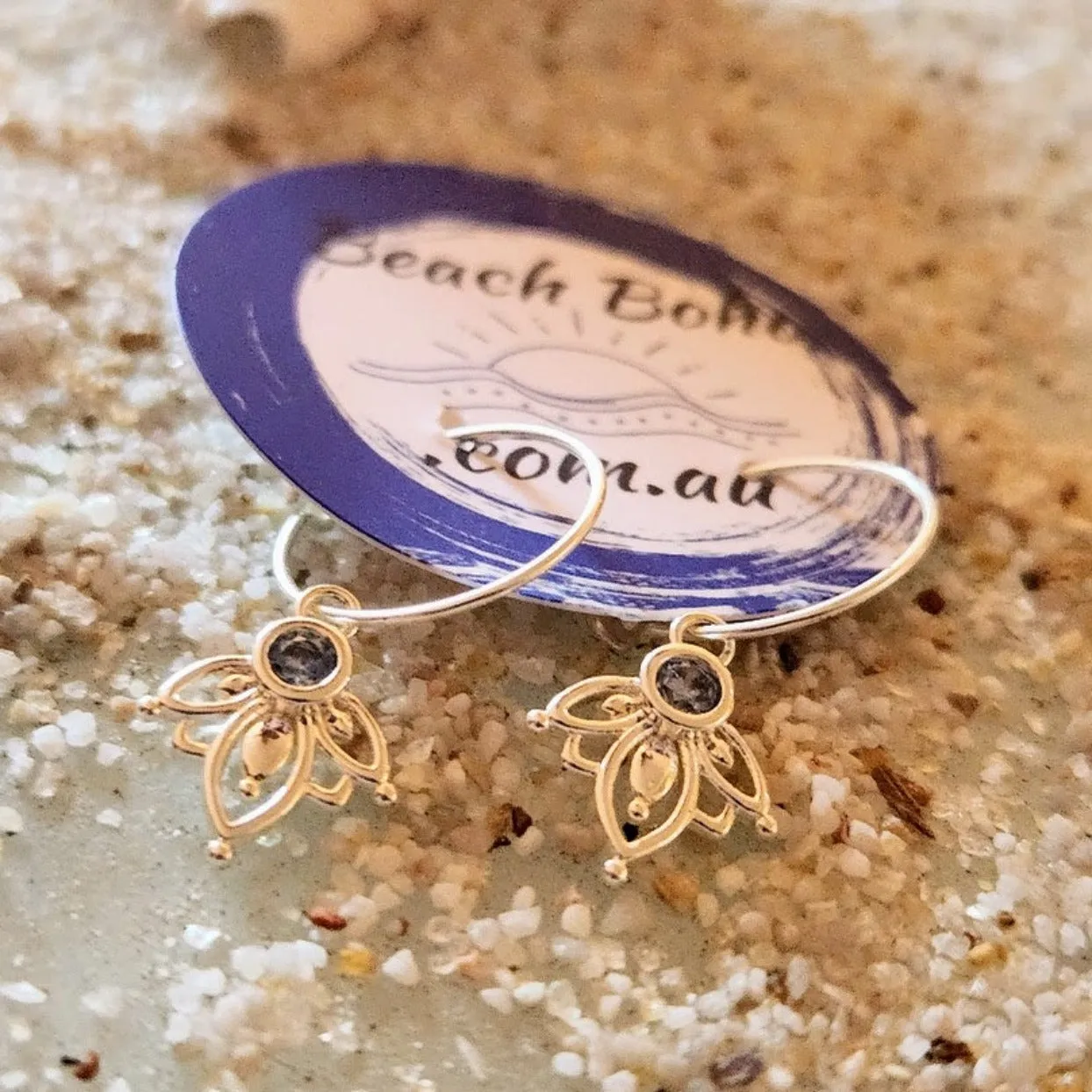 BLUE LOTUS - 925 SILVER HOOP TOPAZ LOTUS EARRINGS