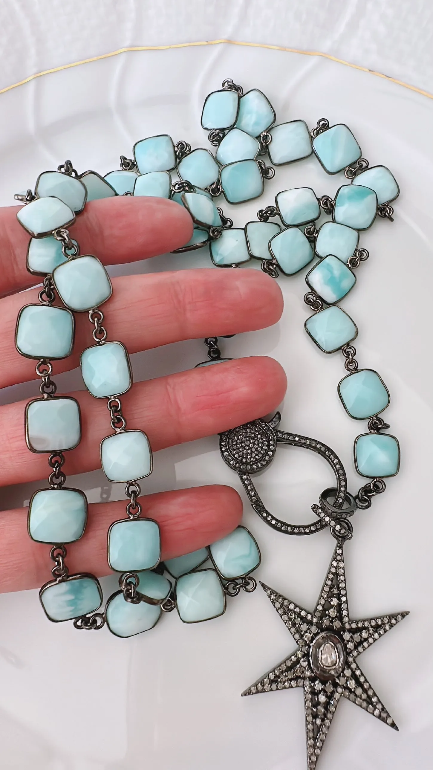 Blue Opal Necklace with Pave Diamond Lock