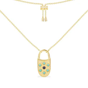 Blue Stone Lock Pendant Adjustable Necklace - Yellow Silver