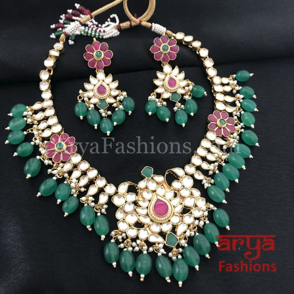 Bridal Emerald Green Ruby Kundan Bridal Necklace with Earrings