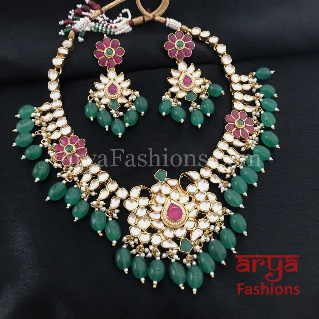 Bridal Emerald Green Ruby Kundan Bridal Necklace with Earrings