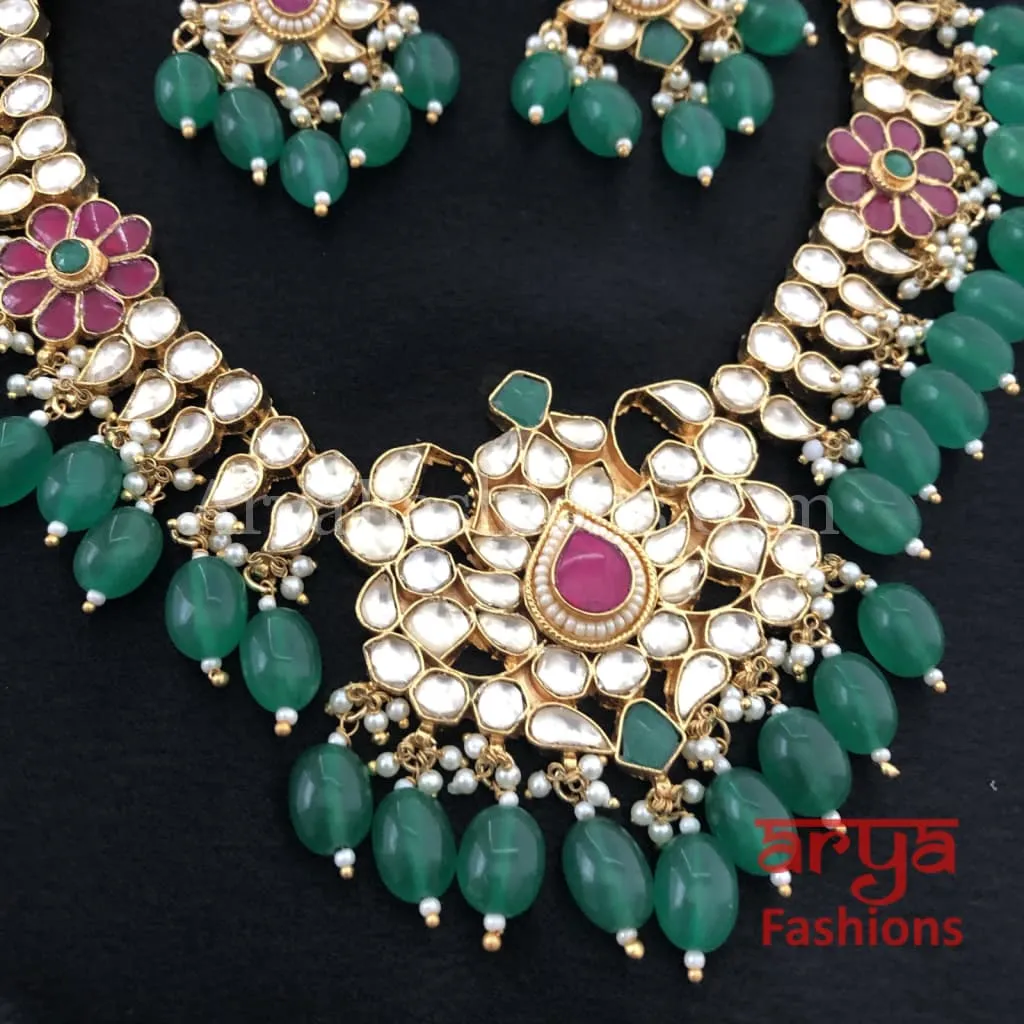 Bridal Emerald Green Ruby Kundan Bridal Necklace with Earrings