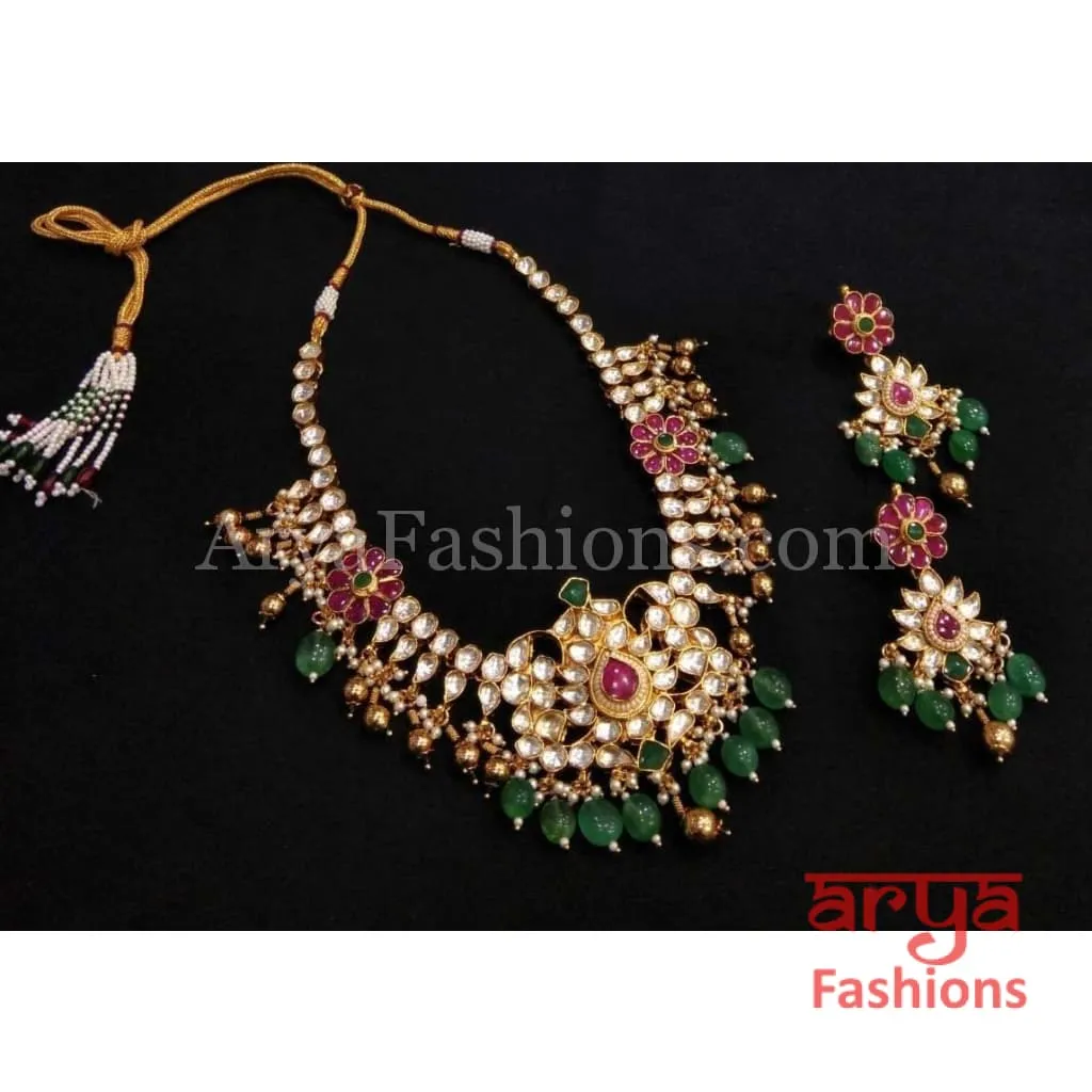 Bridal Emerald Green Ruby Kundan Bridal Necklace with Earrings