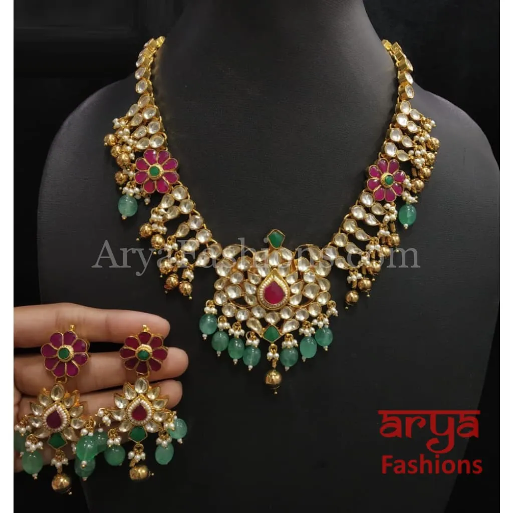 Bridal Emerald Green Ruby Kundan Bridal Necklace with Earrings